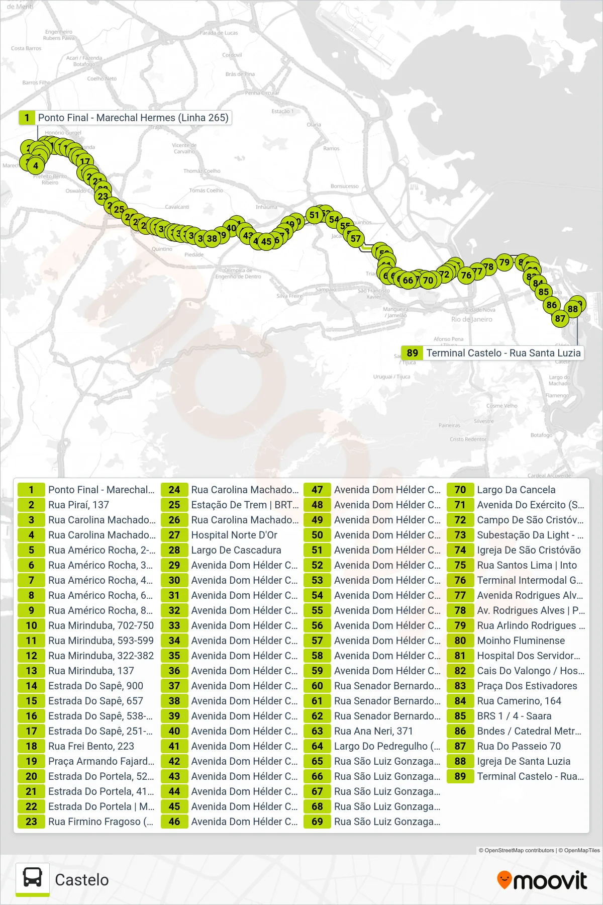 Rota e paradas da linha de ônibus  265  (Castelo) no mapa