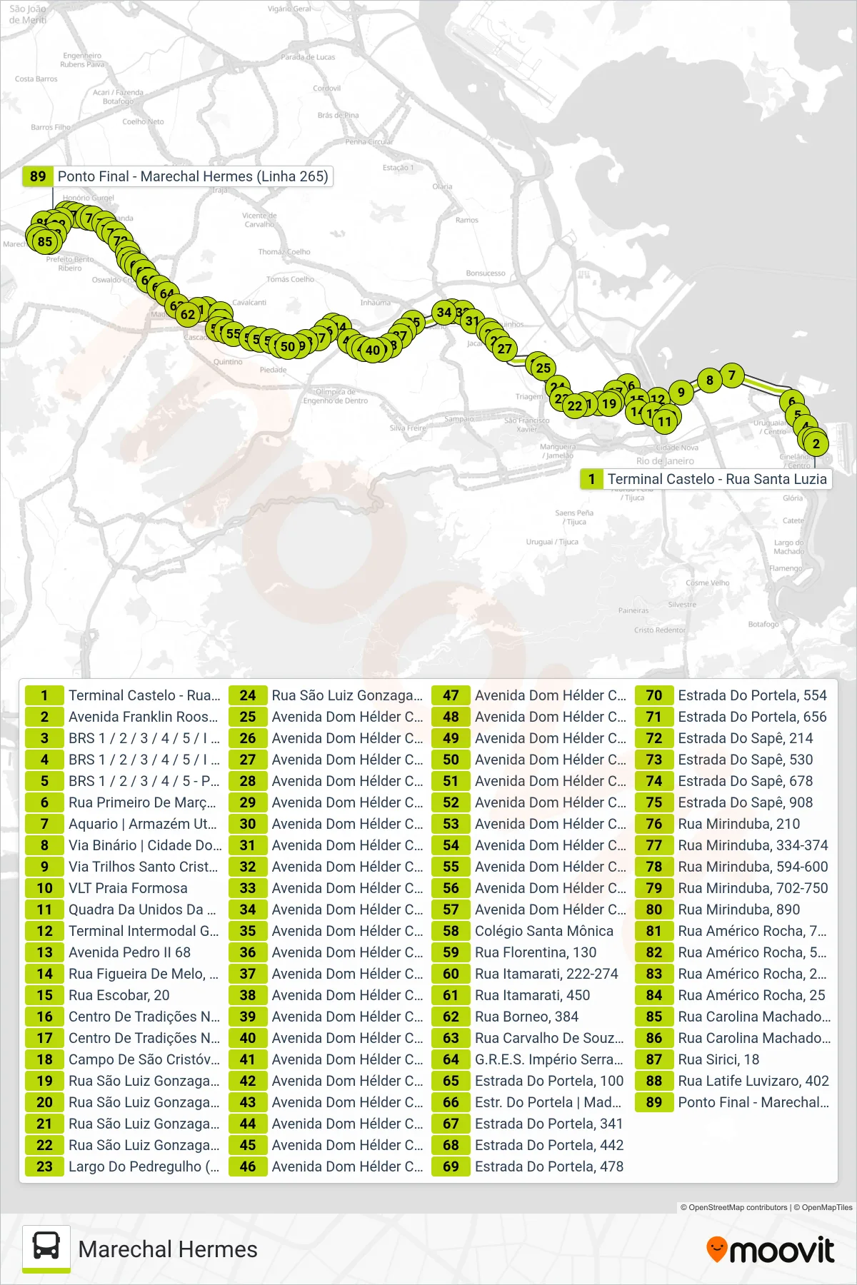 Rota e paradas da linha de ônibus 265 (Marechal Hermes) no mapa