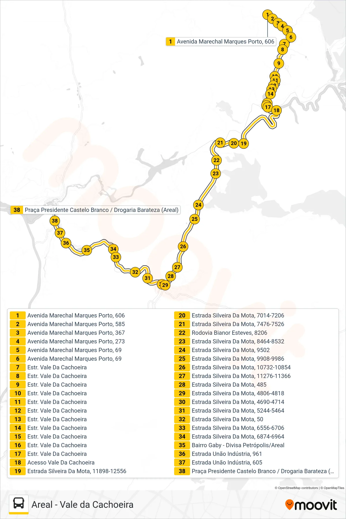 Rota e paradas da linha de ônibus P491 (Areal) no mapa