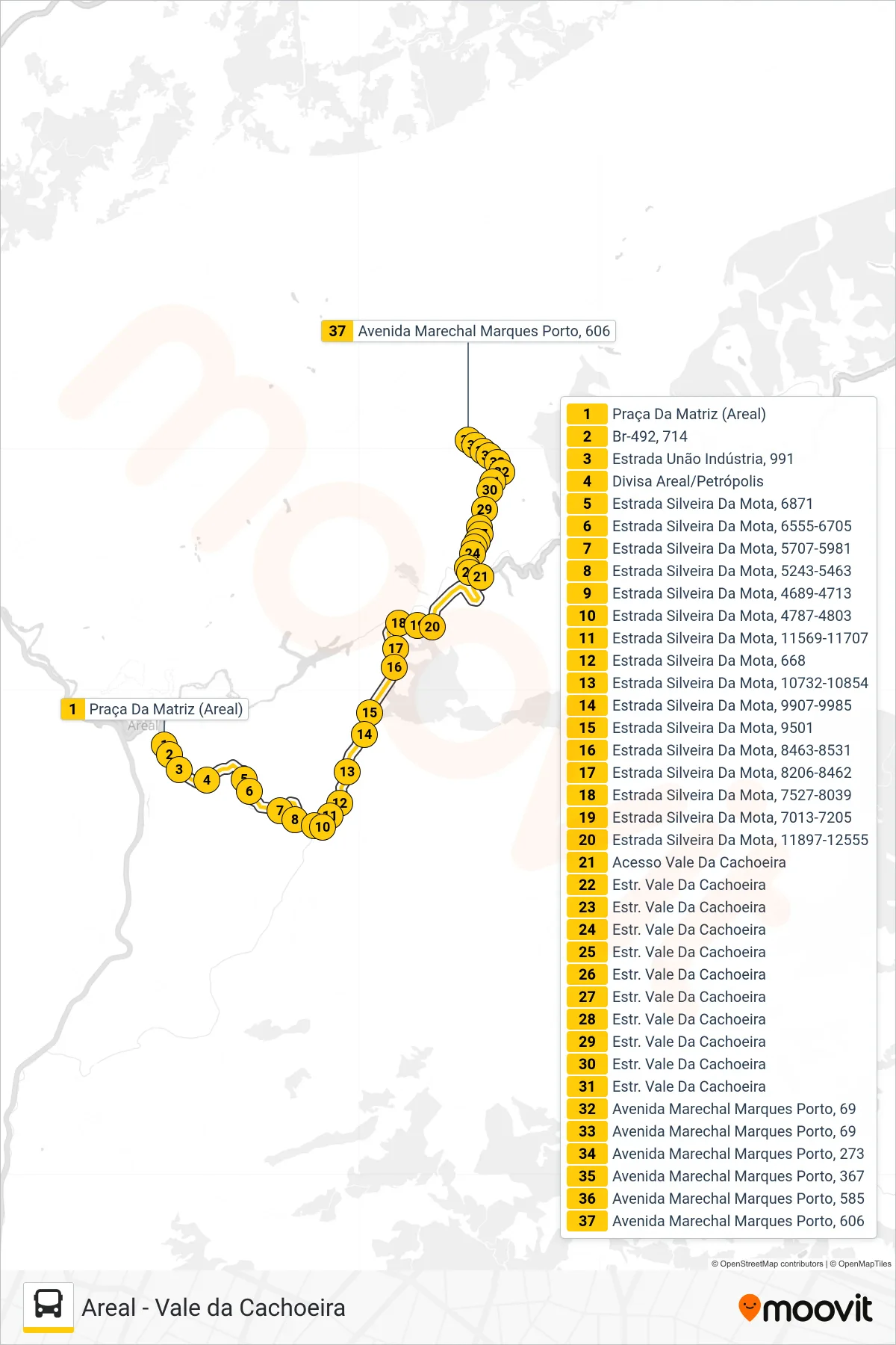 Rota e paradas da linha de ônibus P491 (Vale Da Cachoeira) no mapa