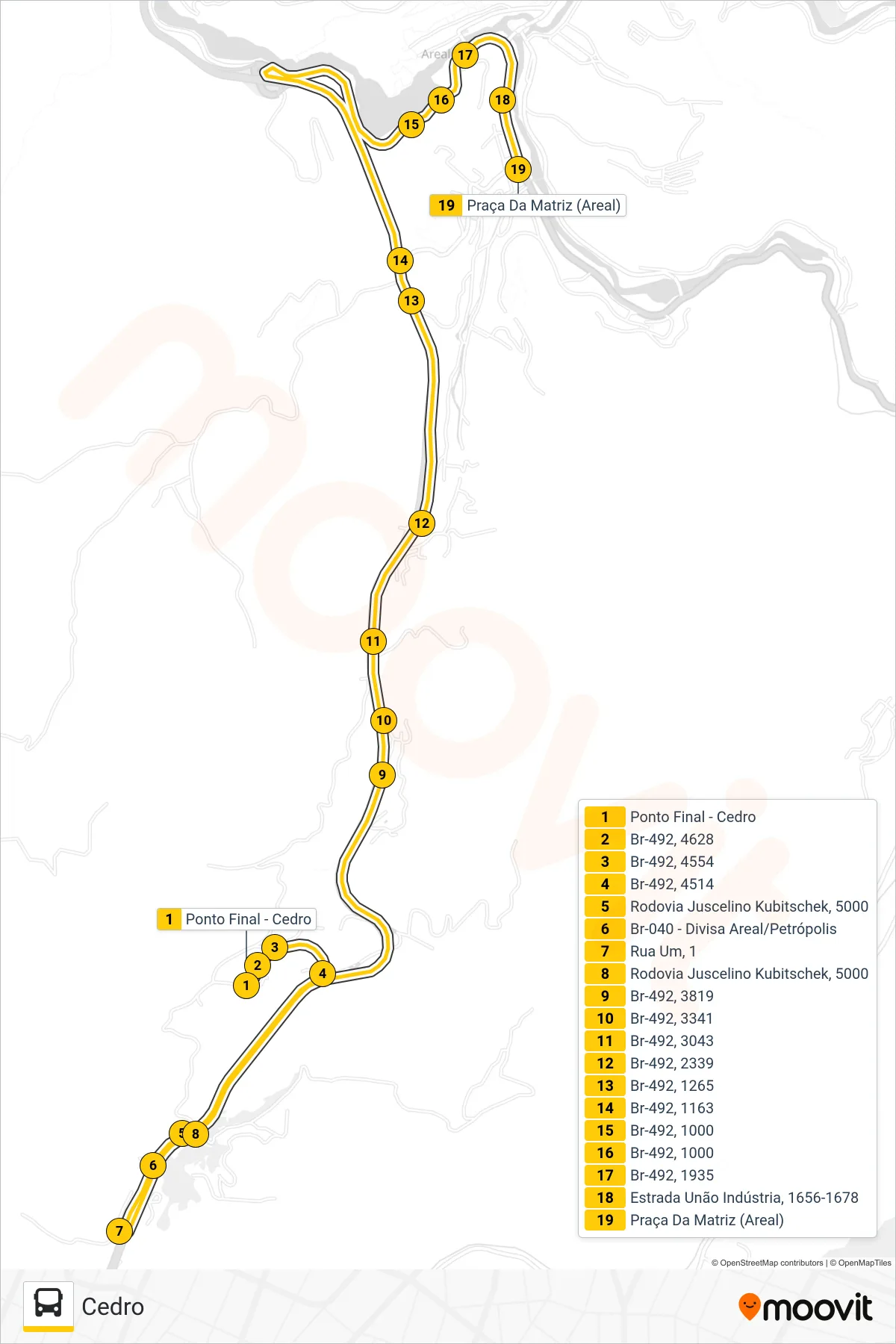 Rota e paradas da linha de ônibus 902 (Areal) no mapa