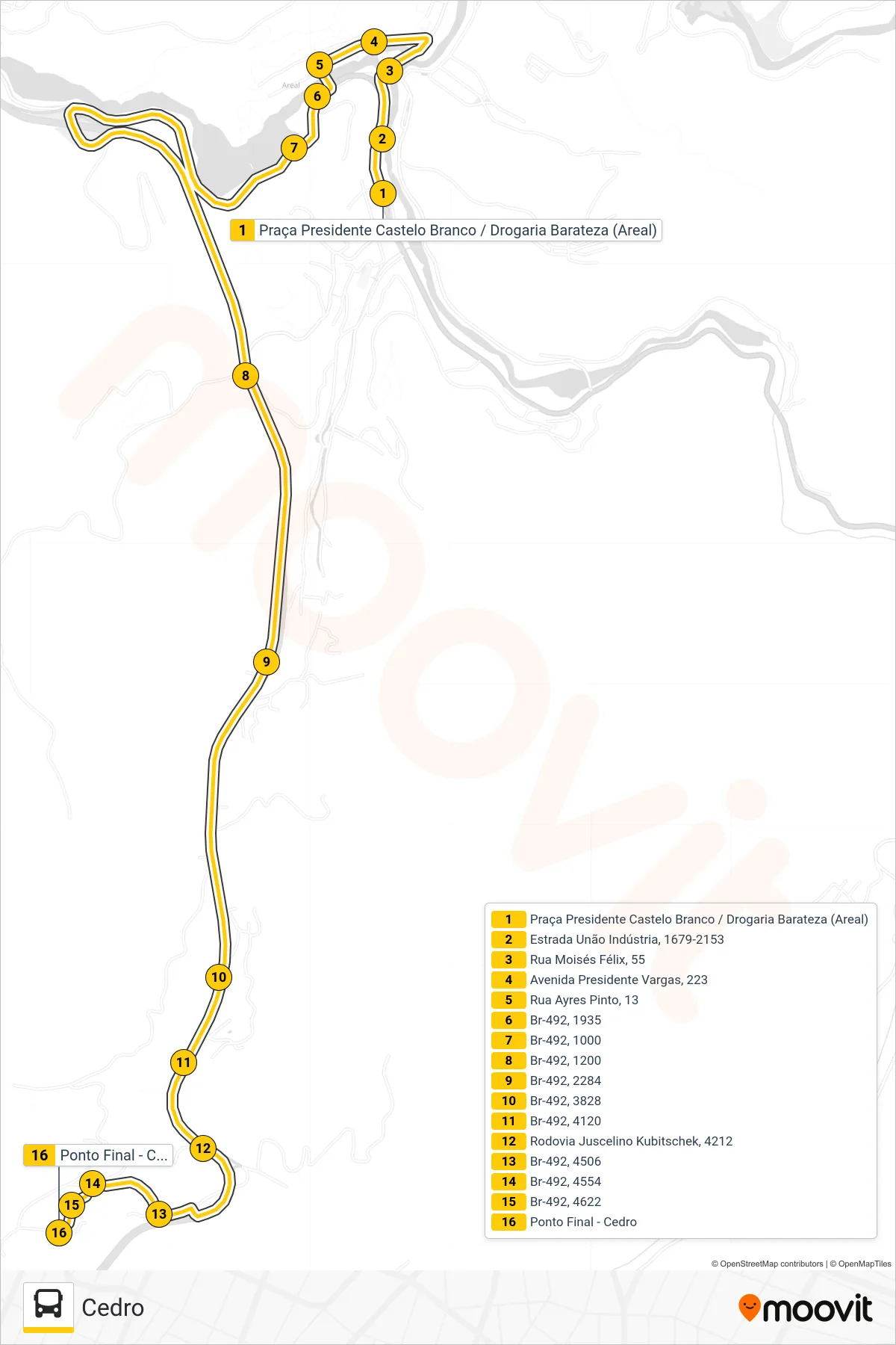 Rota e paradas da linha de ônibus 902 (Cedro) no mapa