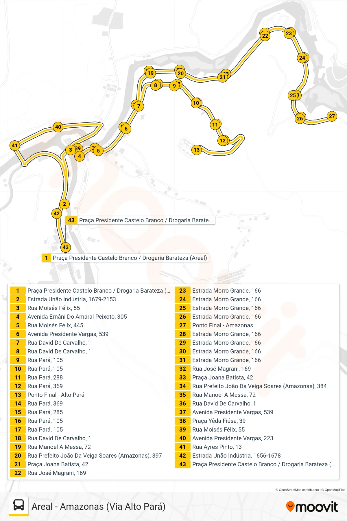 Rota e paradas da linha de ônibus 904 (Areal - Amazonas (Via Alto Pará)) no mapa