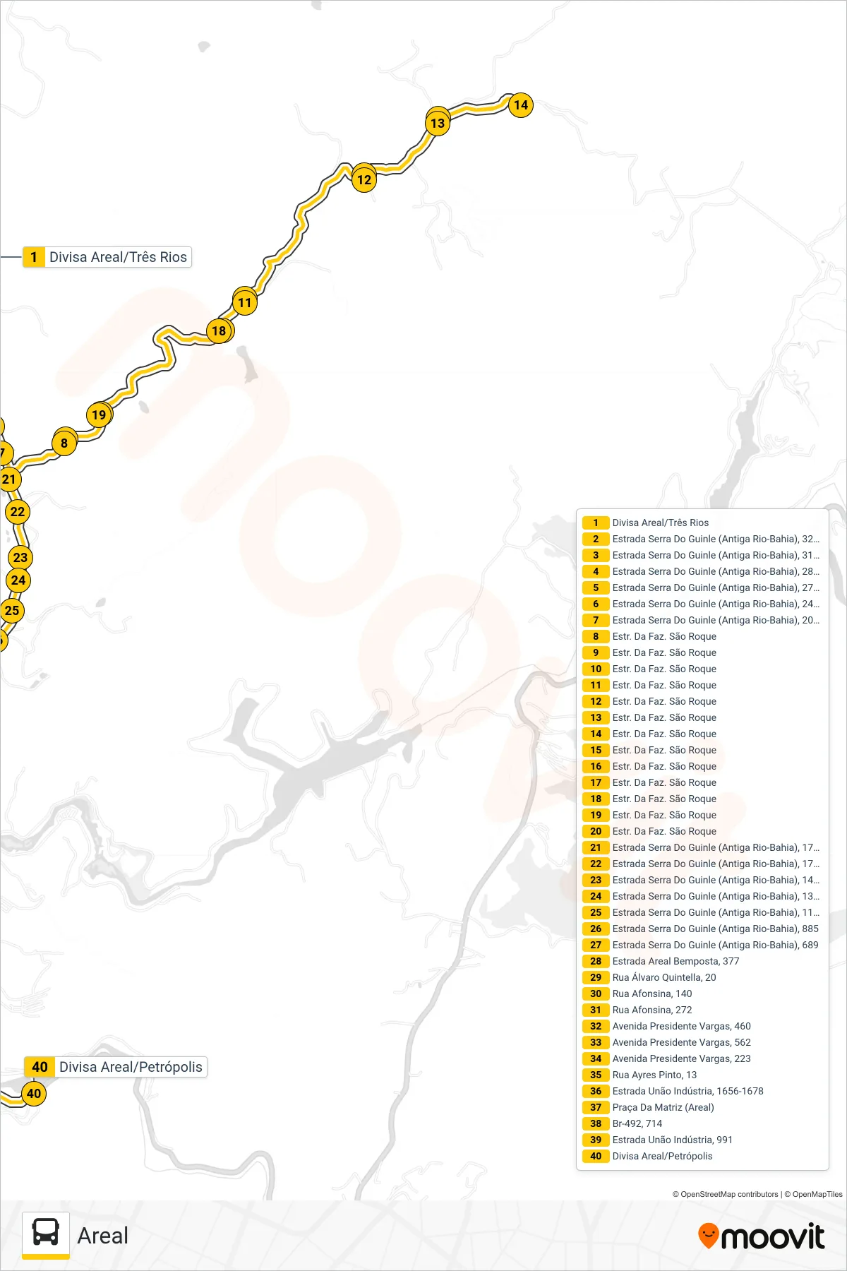 Rota e paradas da linha de ônibus  905  (Areal) no mapa
