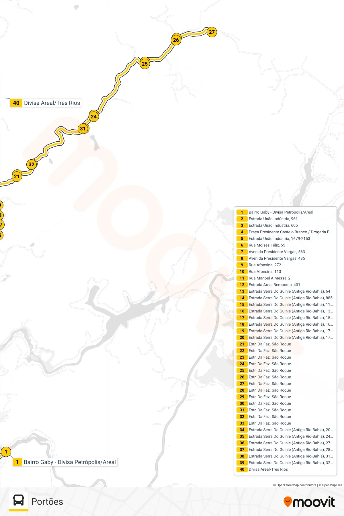 Rota e paradas da linha de ônibus 905 (Portões) no mapa