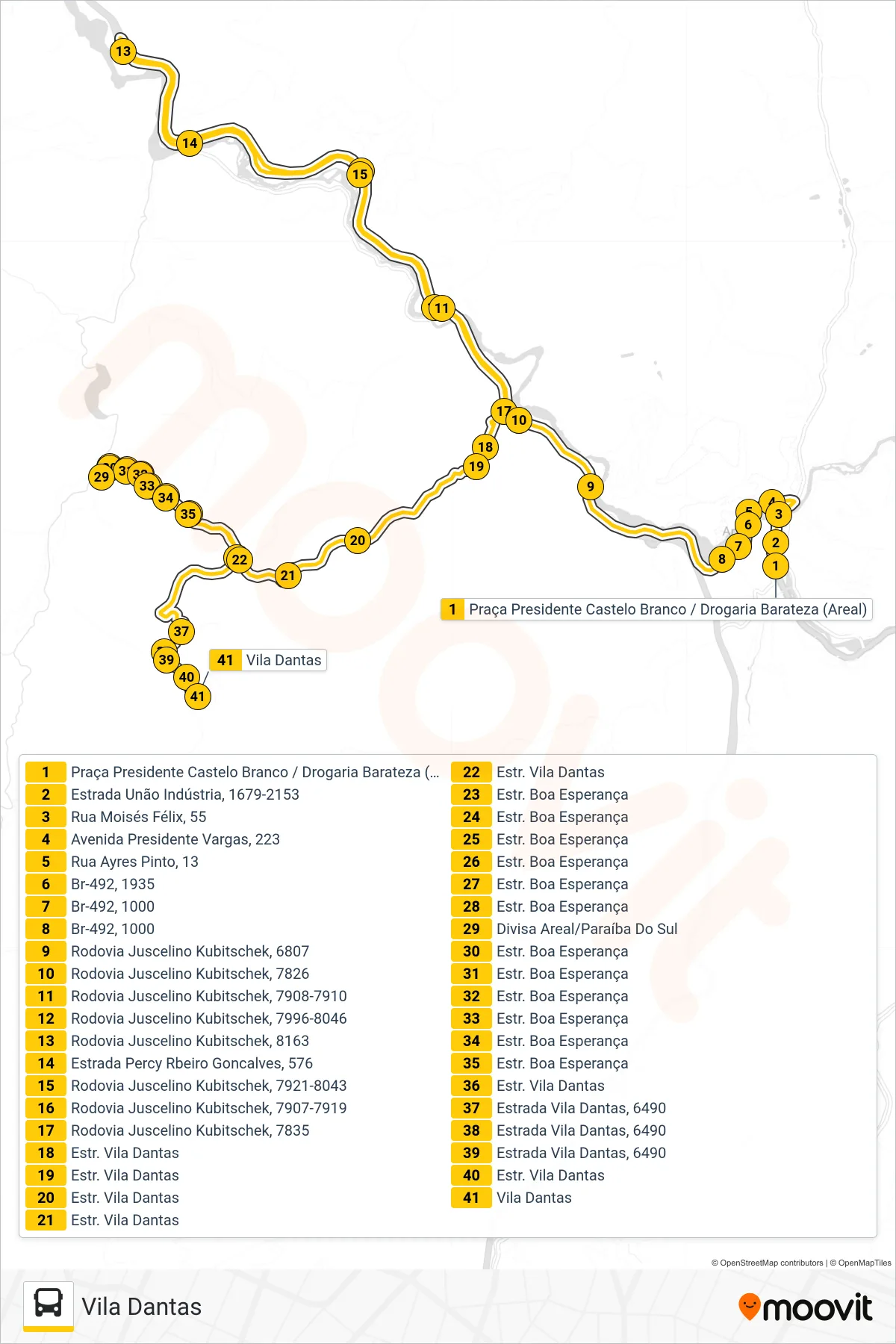 Rota e paradas da linha de ônibus 906 (Vila Dantas) no mapa