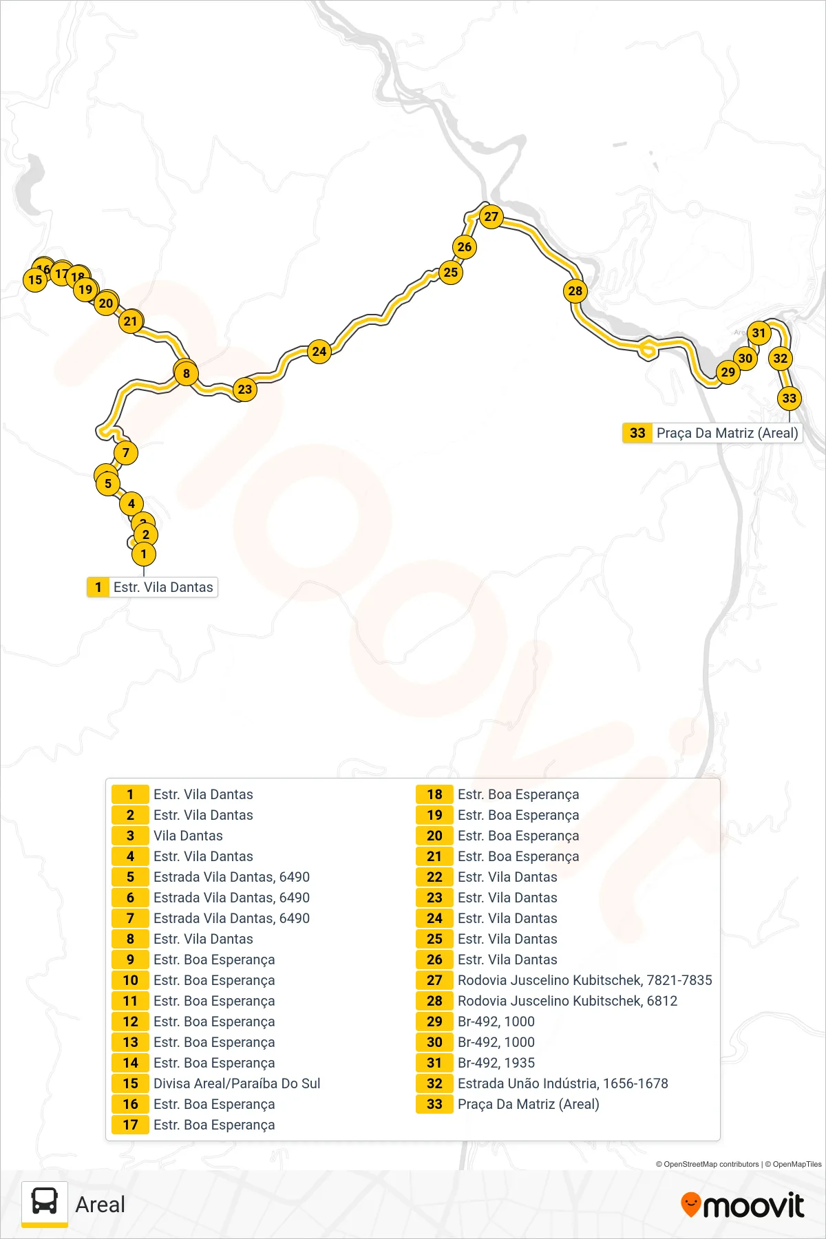 Rota e paradas da linha de ônibus  906  (Areal) no mapa