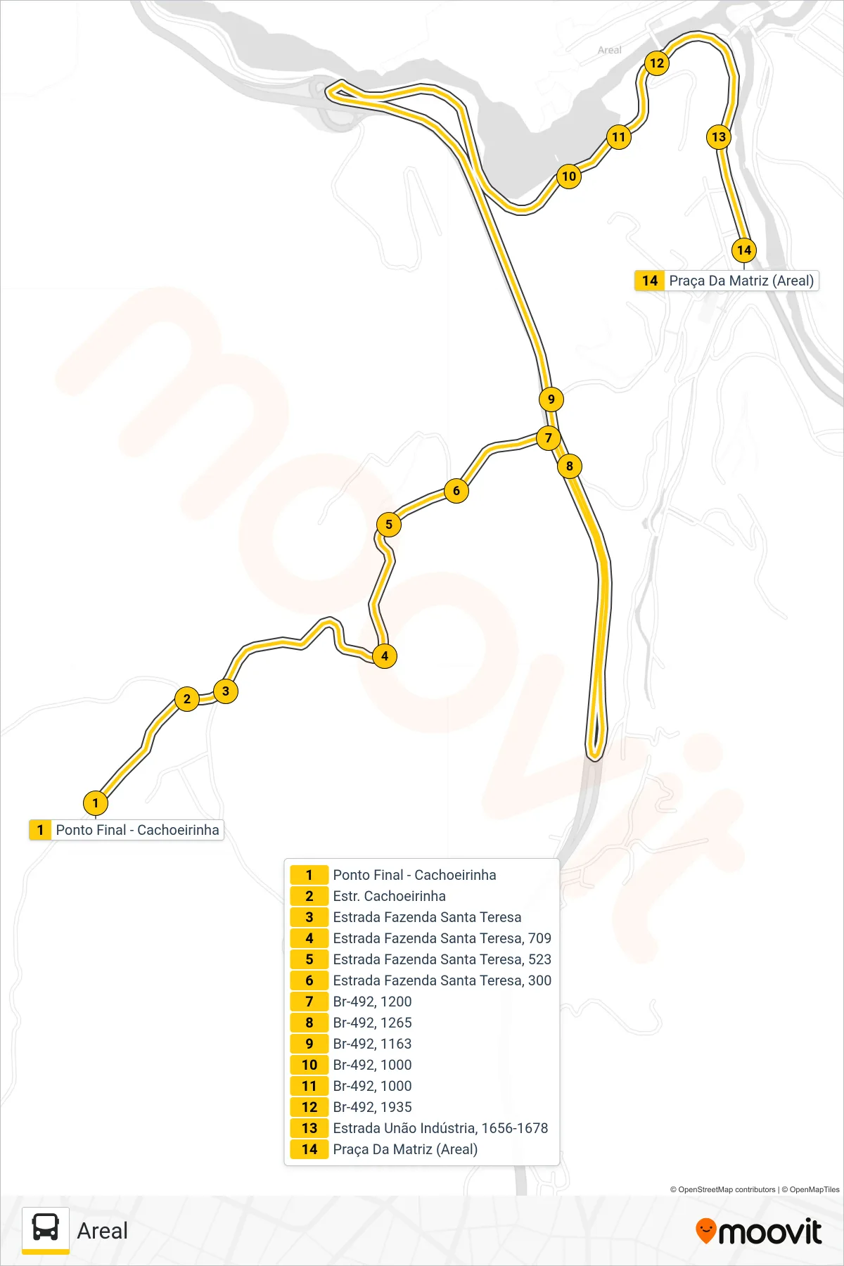 Rota e paradas da linha de ônibus 908 (Areal) no mapa