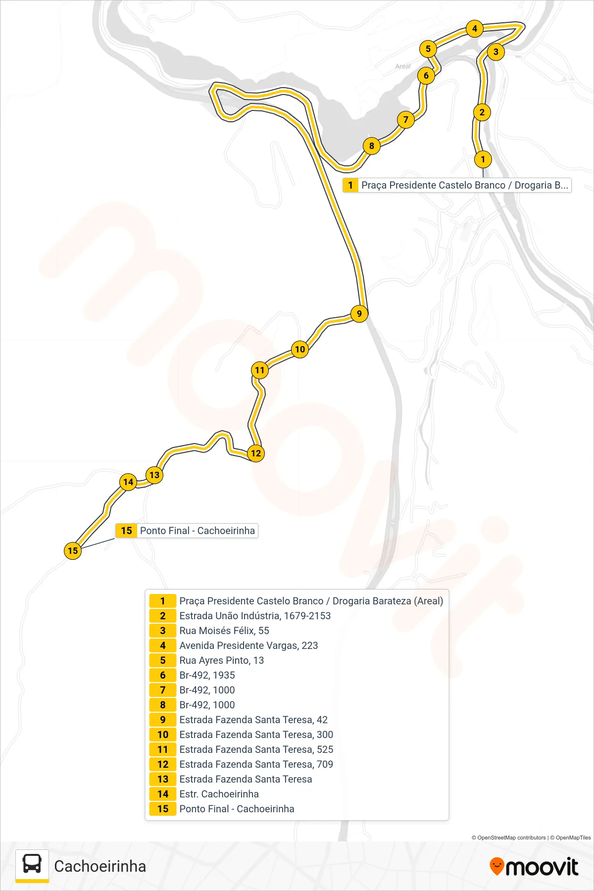 Rota e paradas da linha de ônibus 908 (Cachoeirinha) no mapa