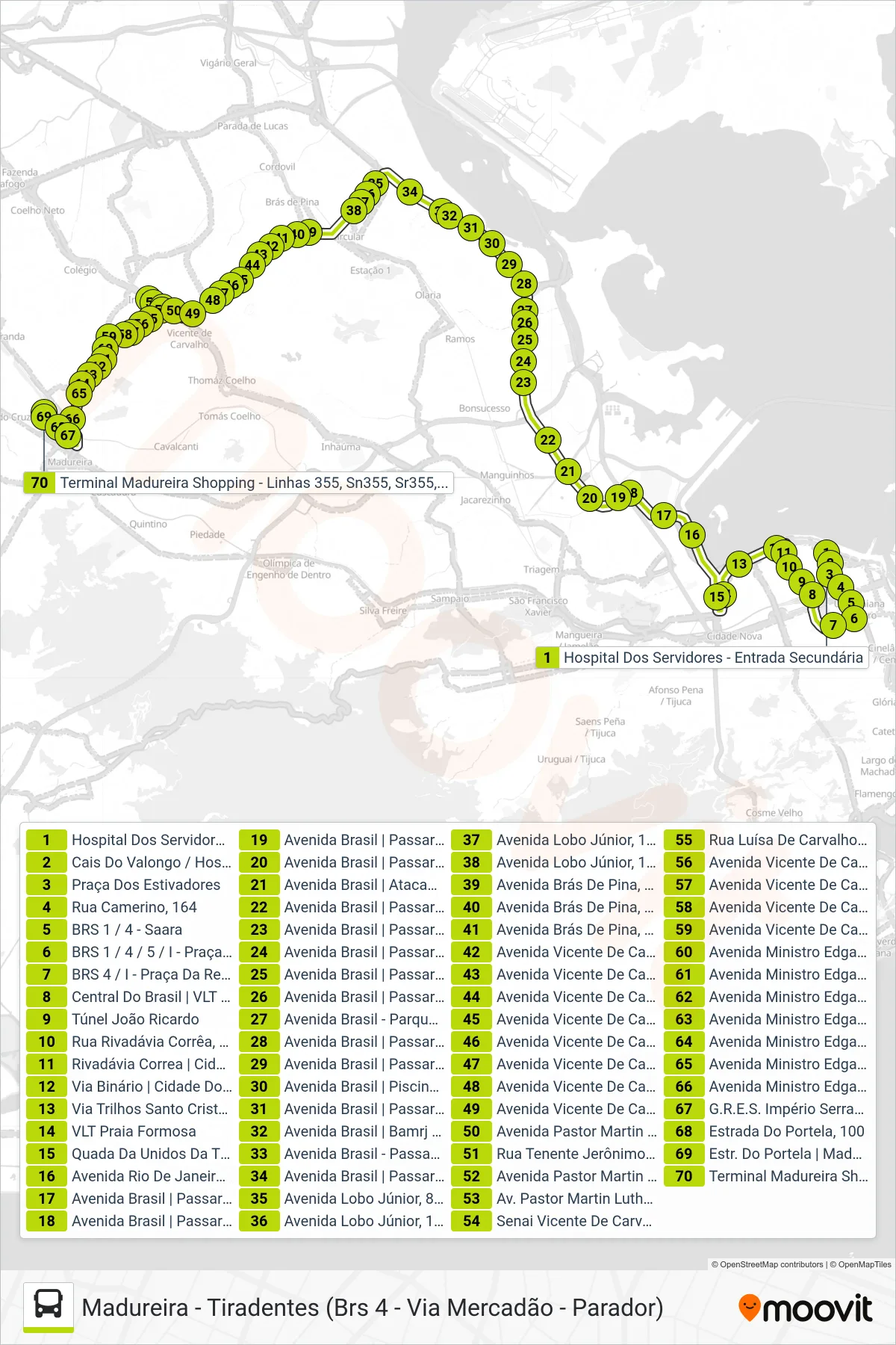 Rota e paradas da linha de ônibus  355  (Madureira) no mapa