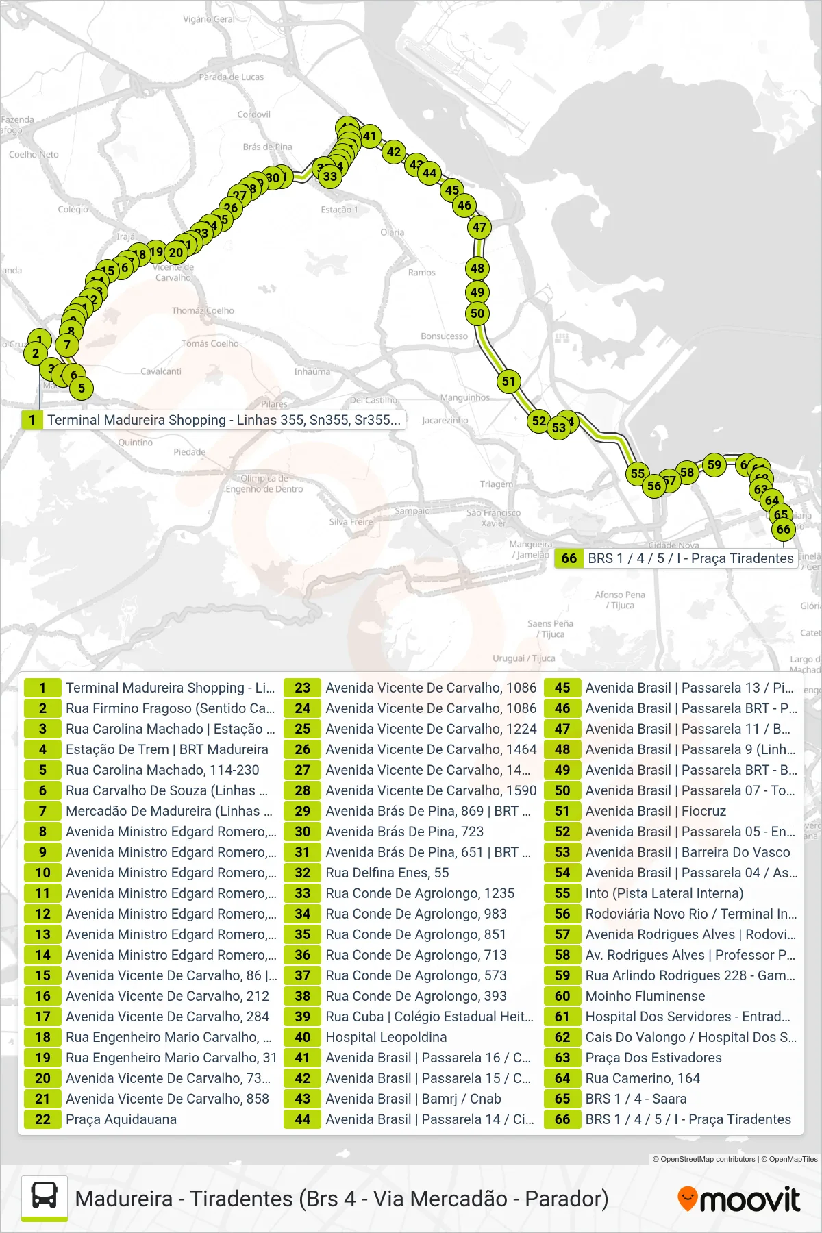 Rota e paradas da linha de ônibus  355  (Tiradentes) no mapa