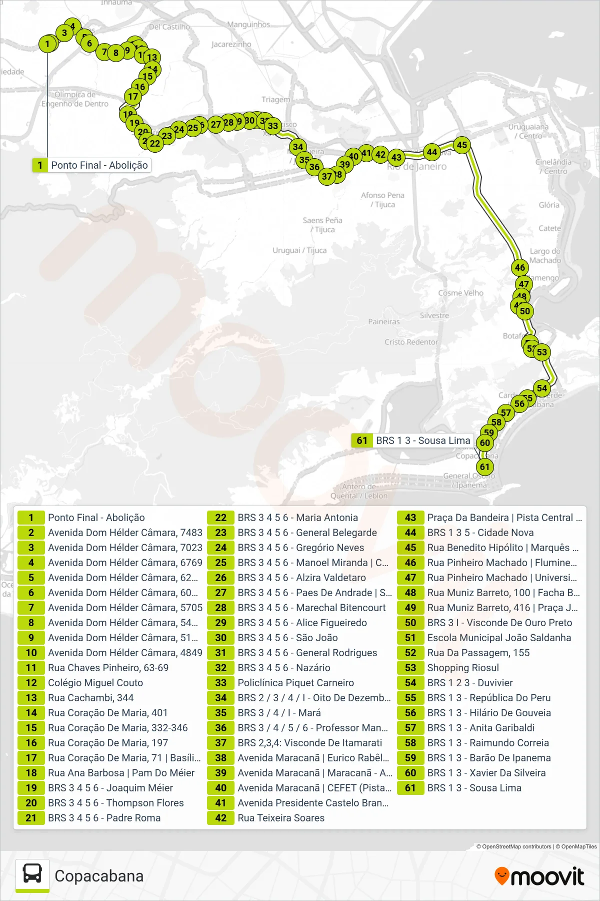 Rota e paradas da linha de ônibus 457 (Copacabana) no mapa