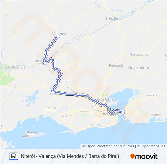Mapa da linha NITERÓI - VALENÇA (VIA MENDES / BARRA DO PIRAÍ) de ônibus