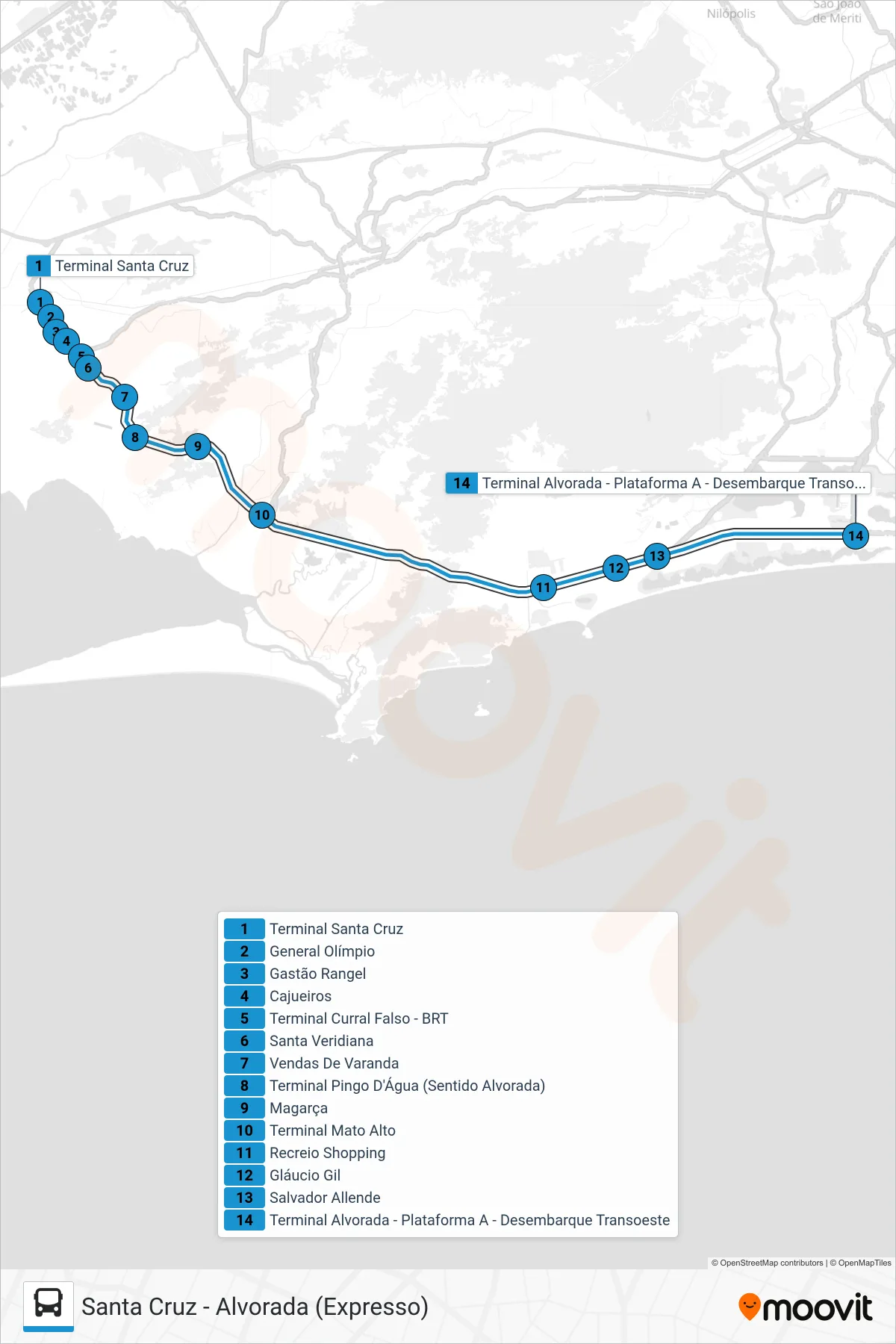 Rota e paradas da linha de ônibus 10 (Alvorada) no mapa