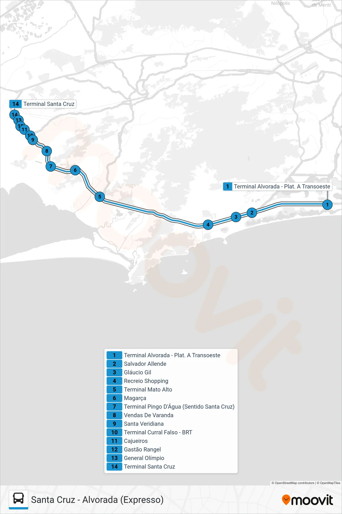 Rota e paradas da linha de ônibus 10 (Santa Cruz) no mapa