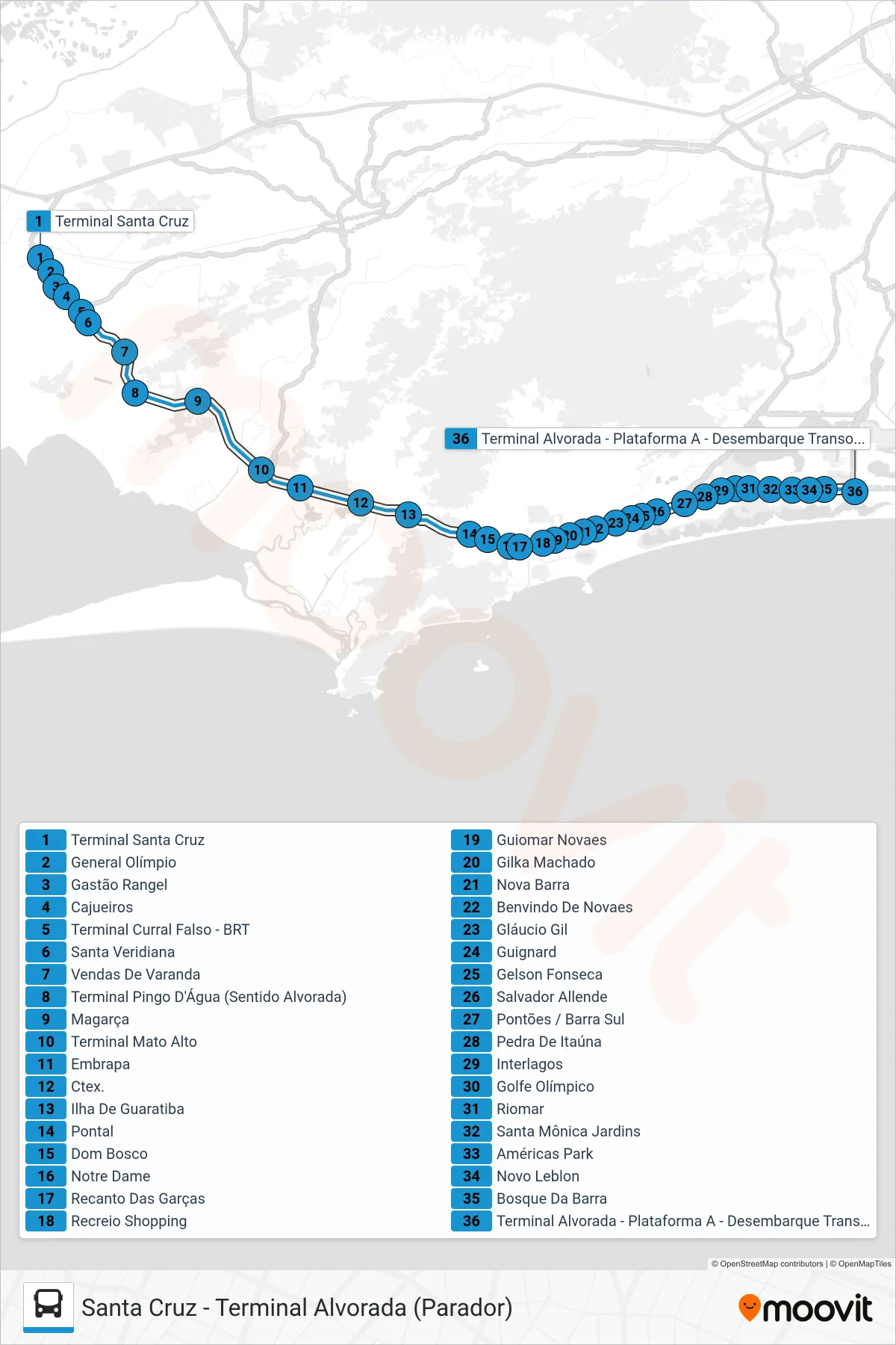Rota e paradas da linha de ônibus 11 (Alvorada) no mapa