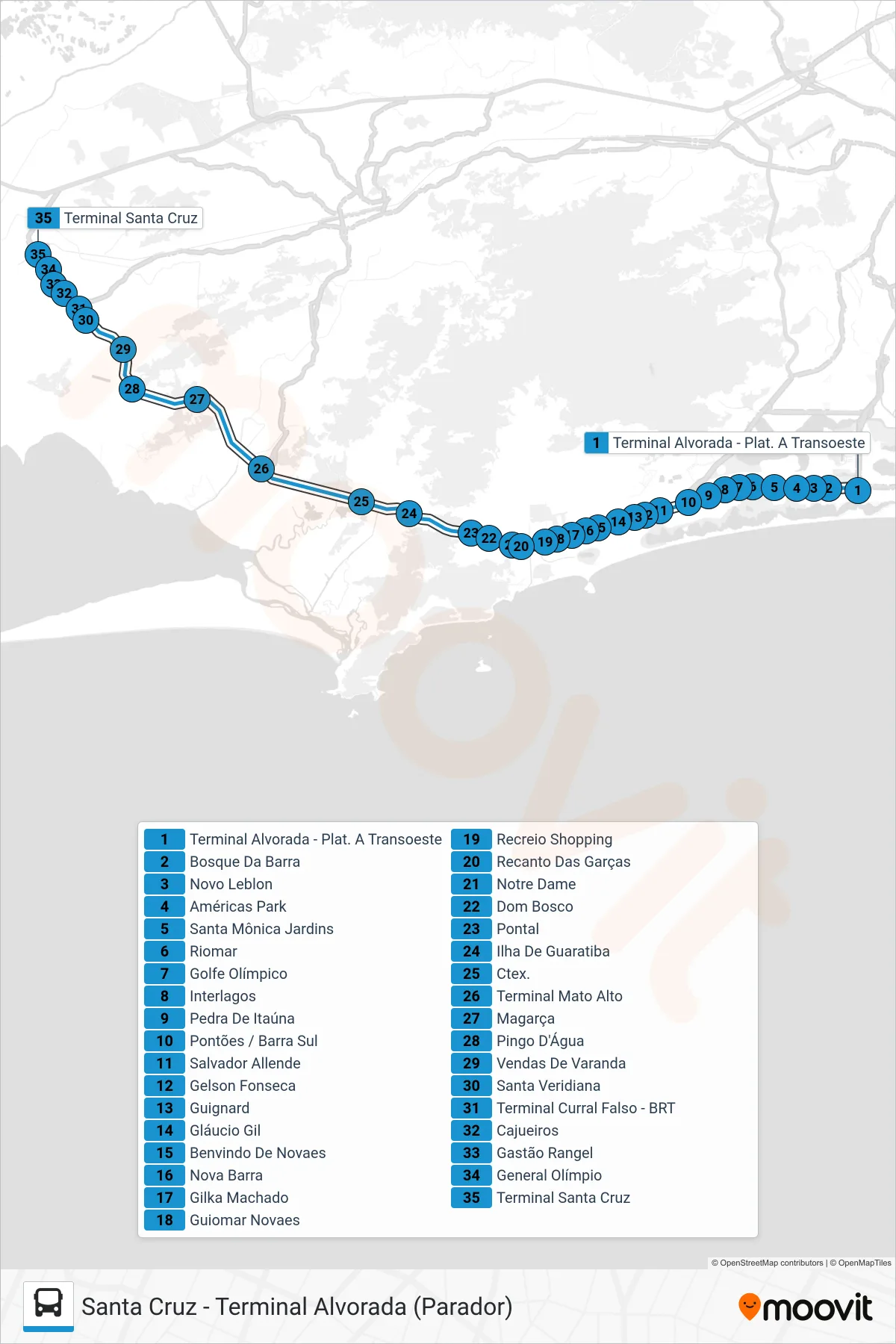 11 bus Line (Santa Cruz) route and stops on a map