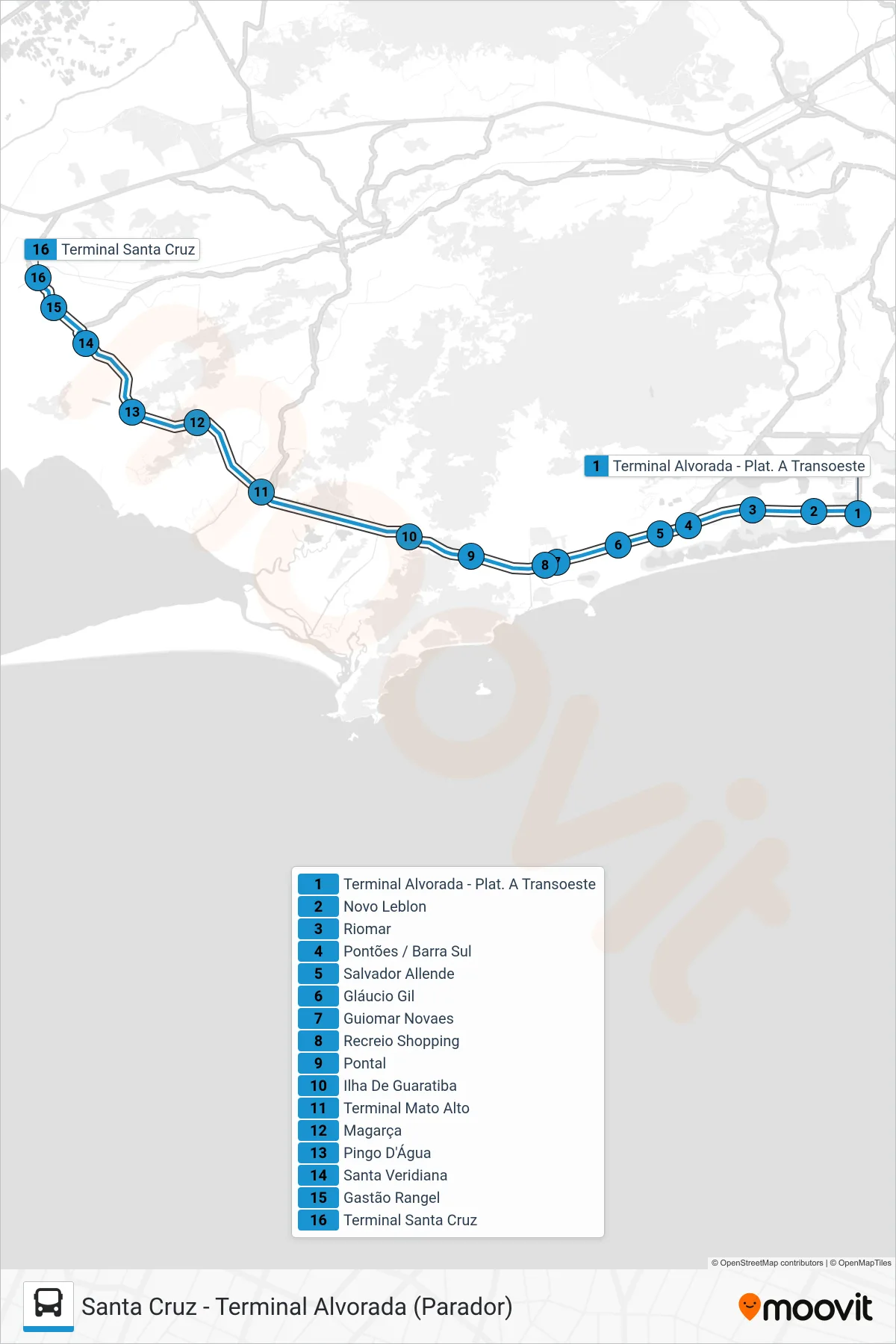 Rota e paradas da linha de ônibus 11 (Santa Cruz (Serviço Noturno)) no mapa