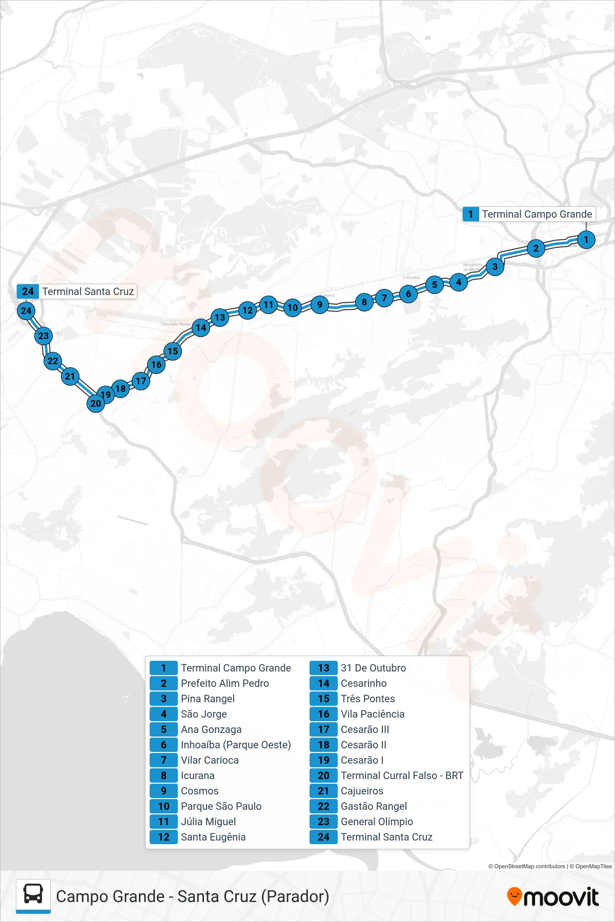 Rota e paradas da linha de ônibus  17  (Santa Cruz (Parador)) no mapa