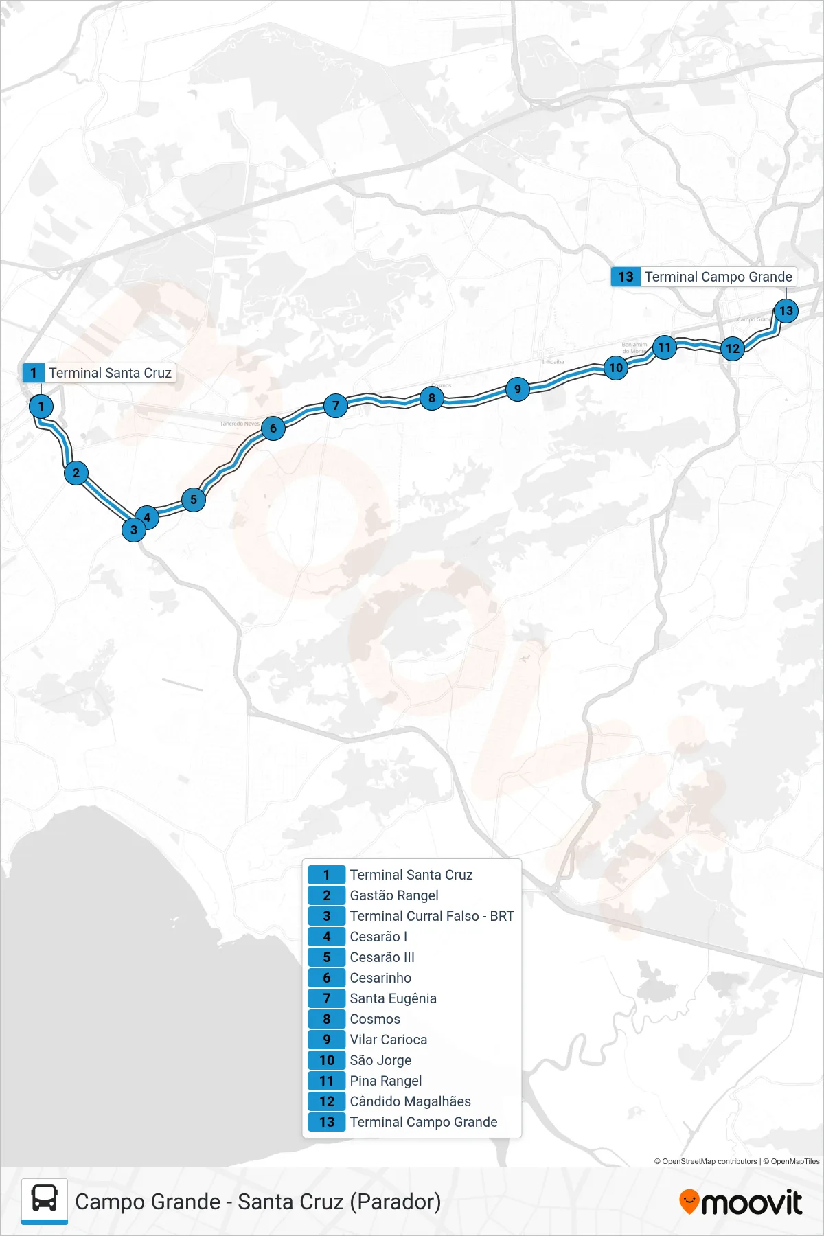 Rota e paradas da linha de ônibus 17 (Campo Grande (Serviço Noturno)) no mapa