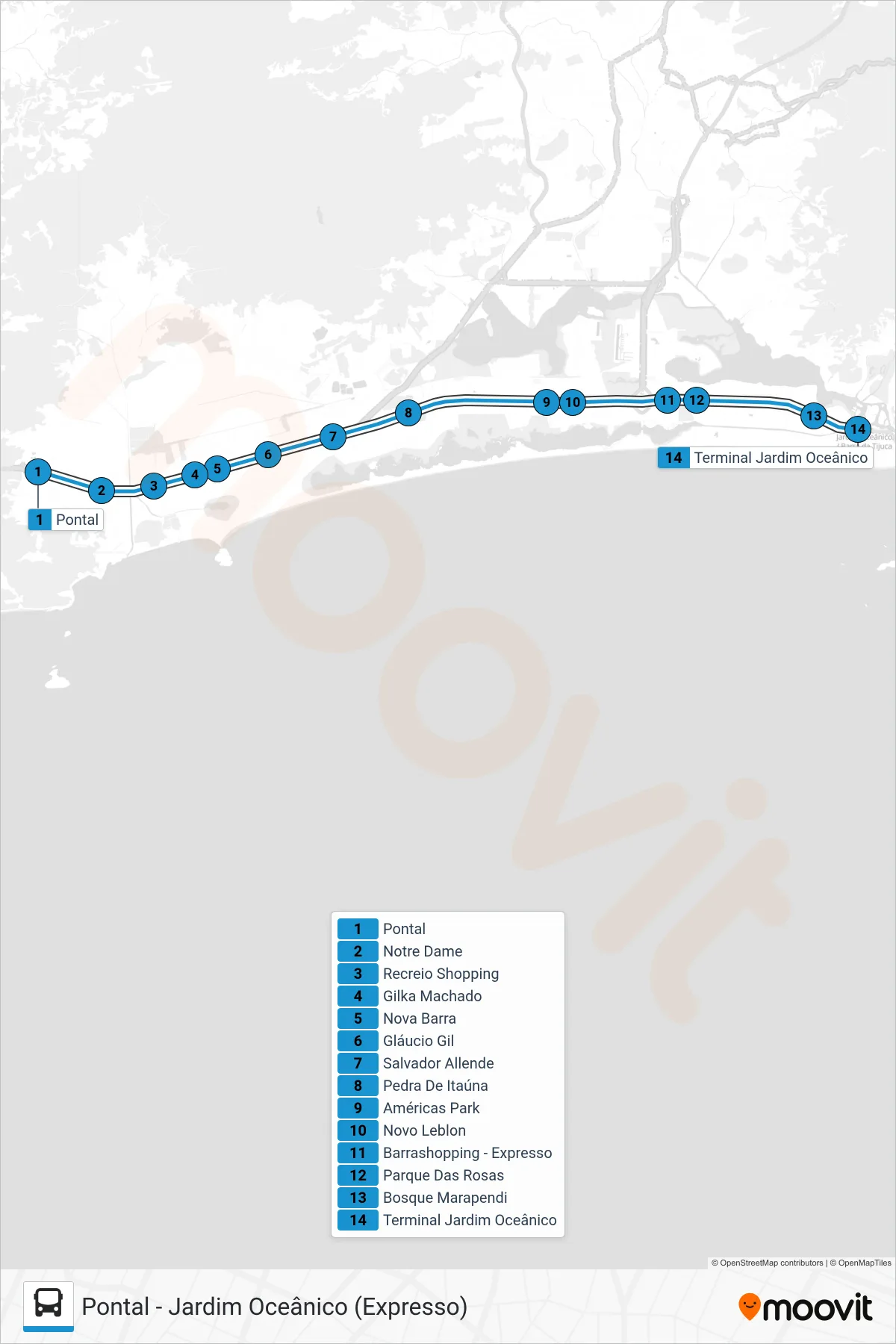 18 bus Line (Jardim Oceânico) route and stops on a map