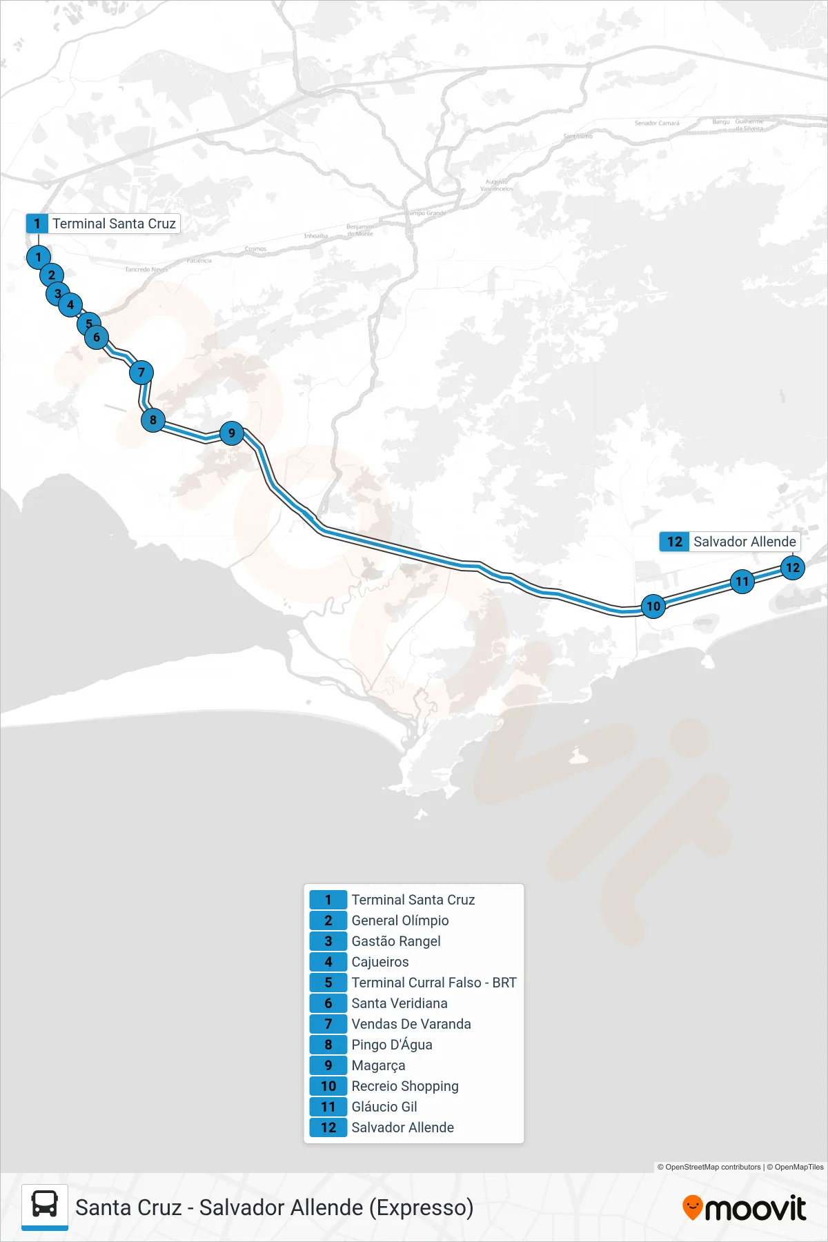 Rota e paradas da linha de ônibus 20 (Salvador Allende (Expresso)) no mapa