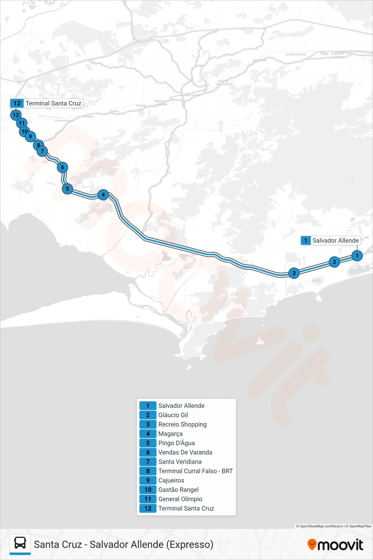 20 bus Line (Santa Cruz (Expresso)) route and stops on a map
