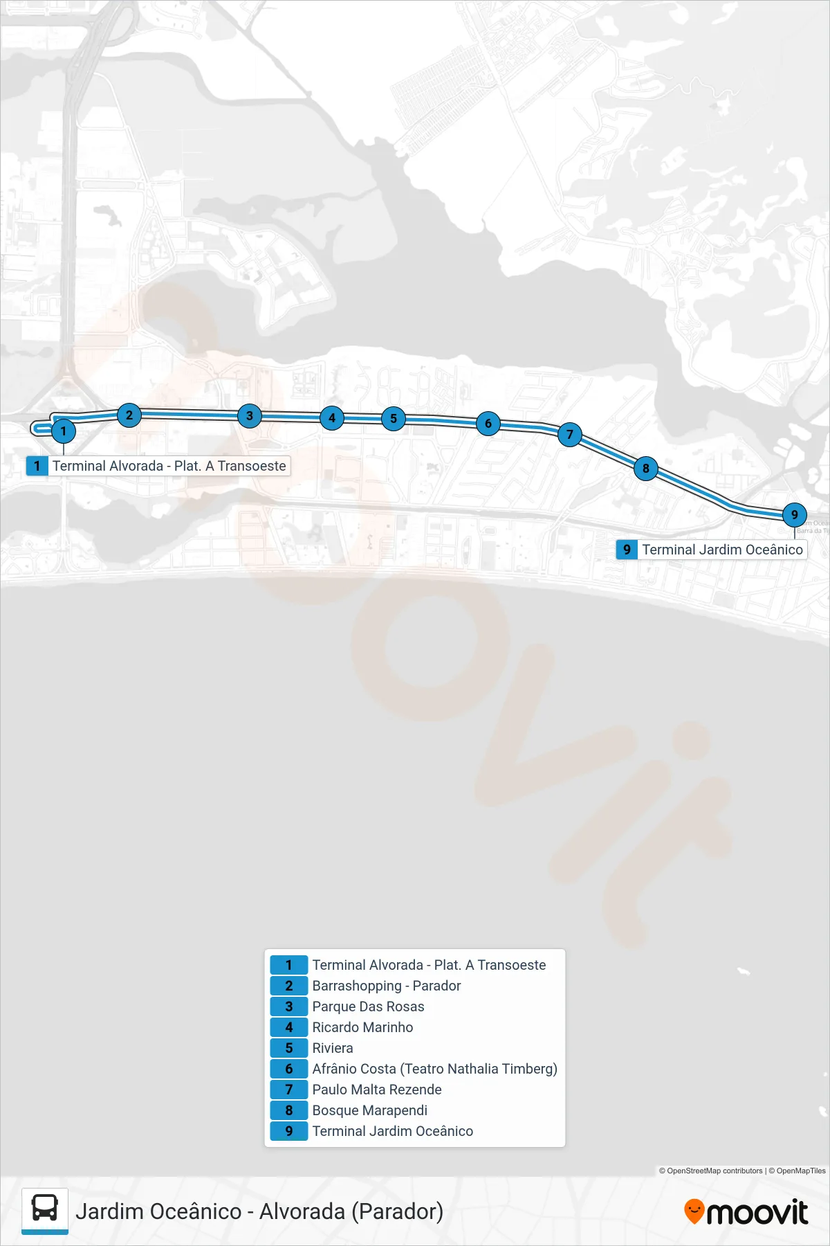 Rota e paradas da linha de ônibus 22 (Jardim Oceânico (Parador)) no mapa