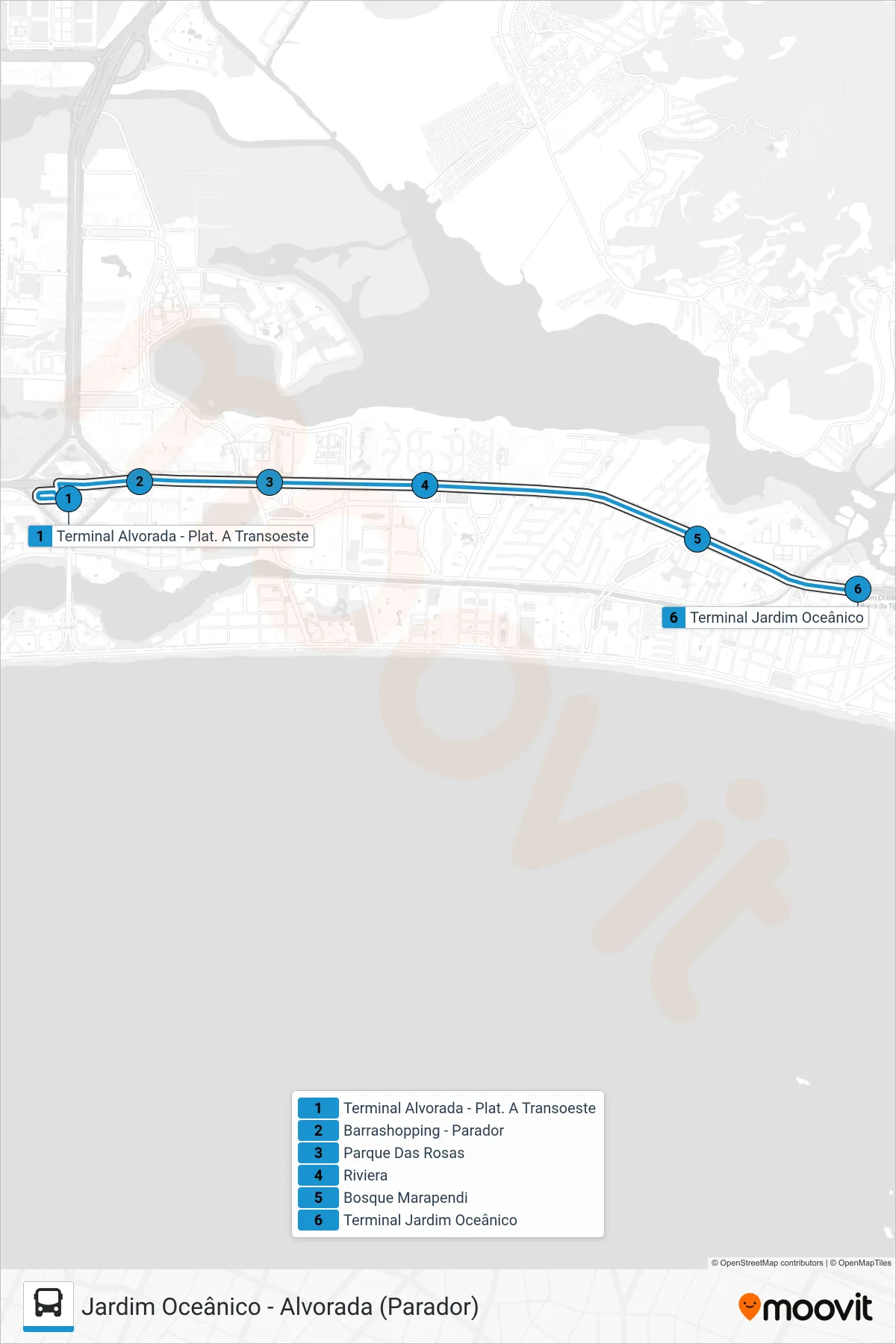 22 bus Line (Jardim Oceânico (Serviço Noturno)) route and stops on a map
