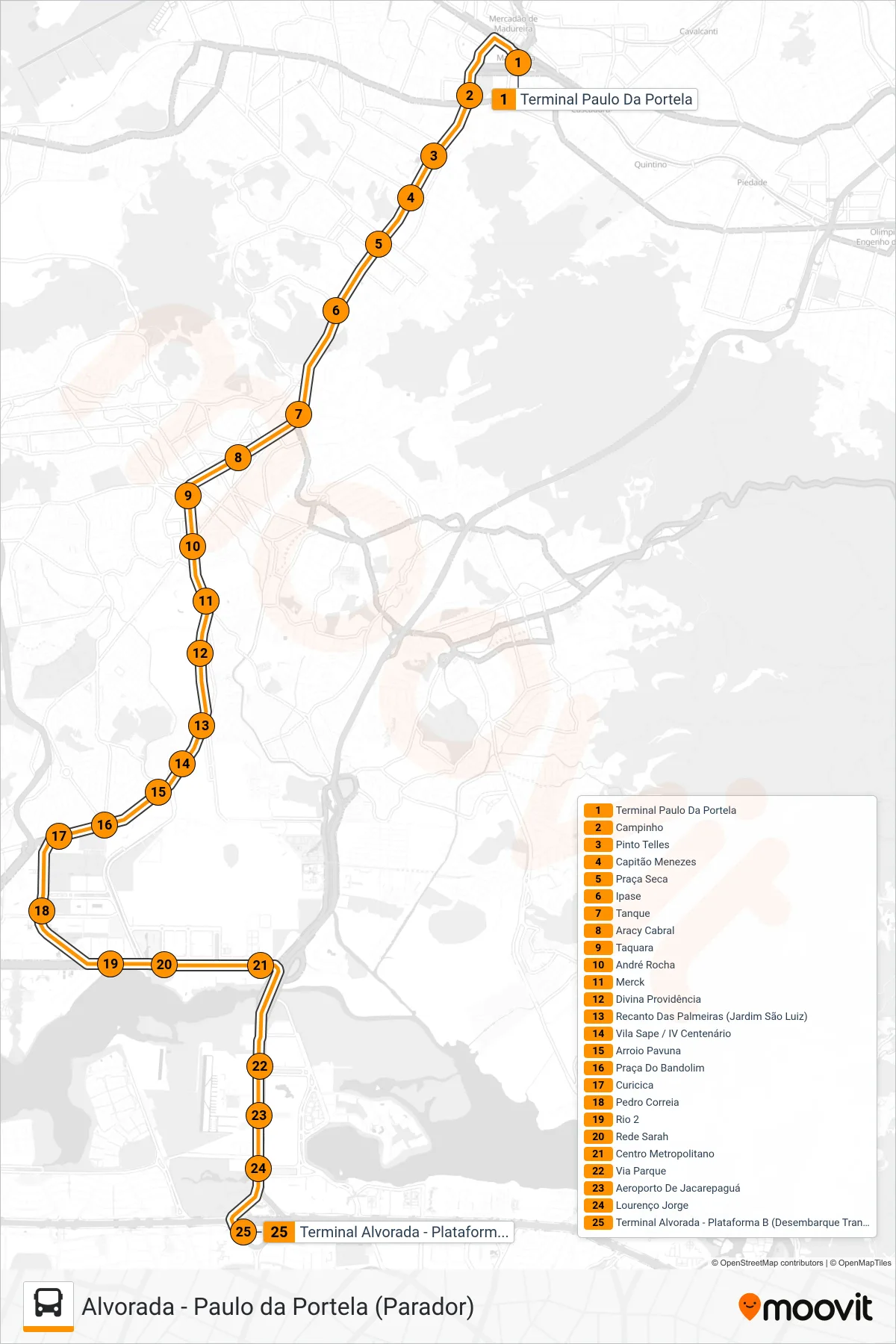 Rota e paradas da linha de ônibus 35 (Alvorada (Parador - Saída Paulo da Portela)) no mapa