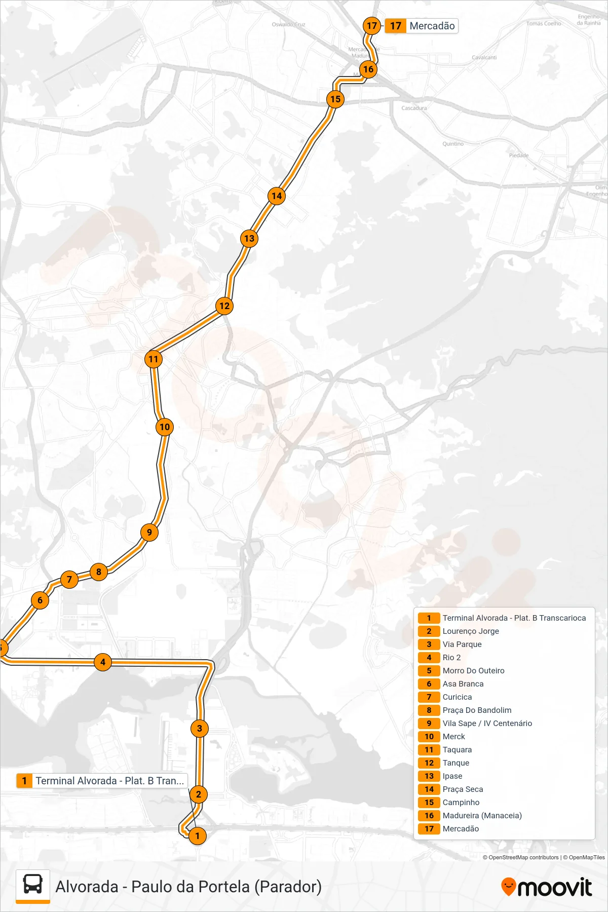 35 bus Line (Madureira [até Mercadão] (via Morro do Outeiro)) route and stops on a map