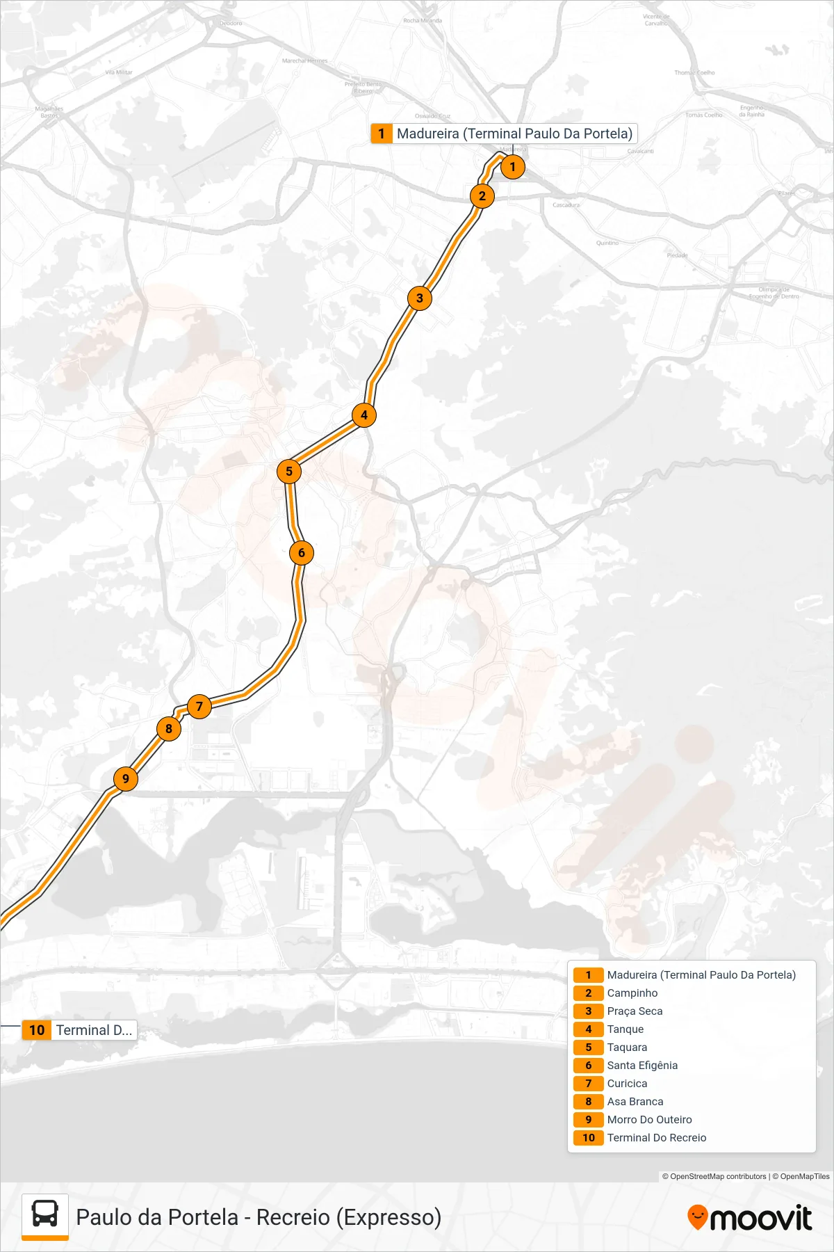 Rota e paradas da linha de ônibus 41 (Terminal Recreio (Expresso)) no mapa