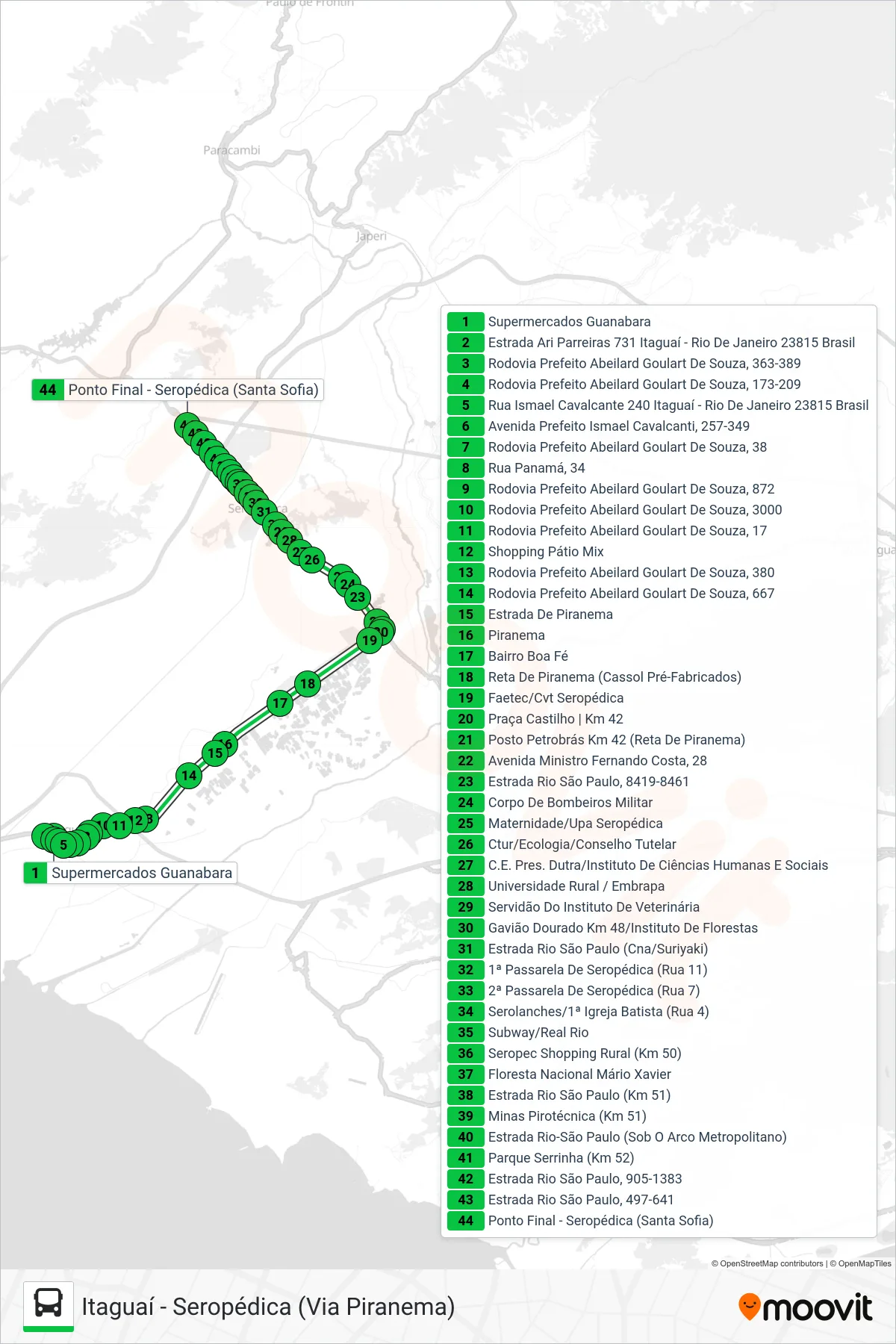 Rota e paradas da linha de ônibus 436S (Seropédica) no mapa