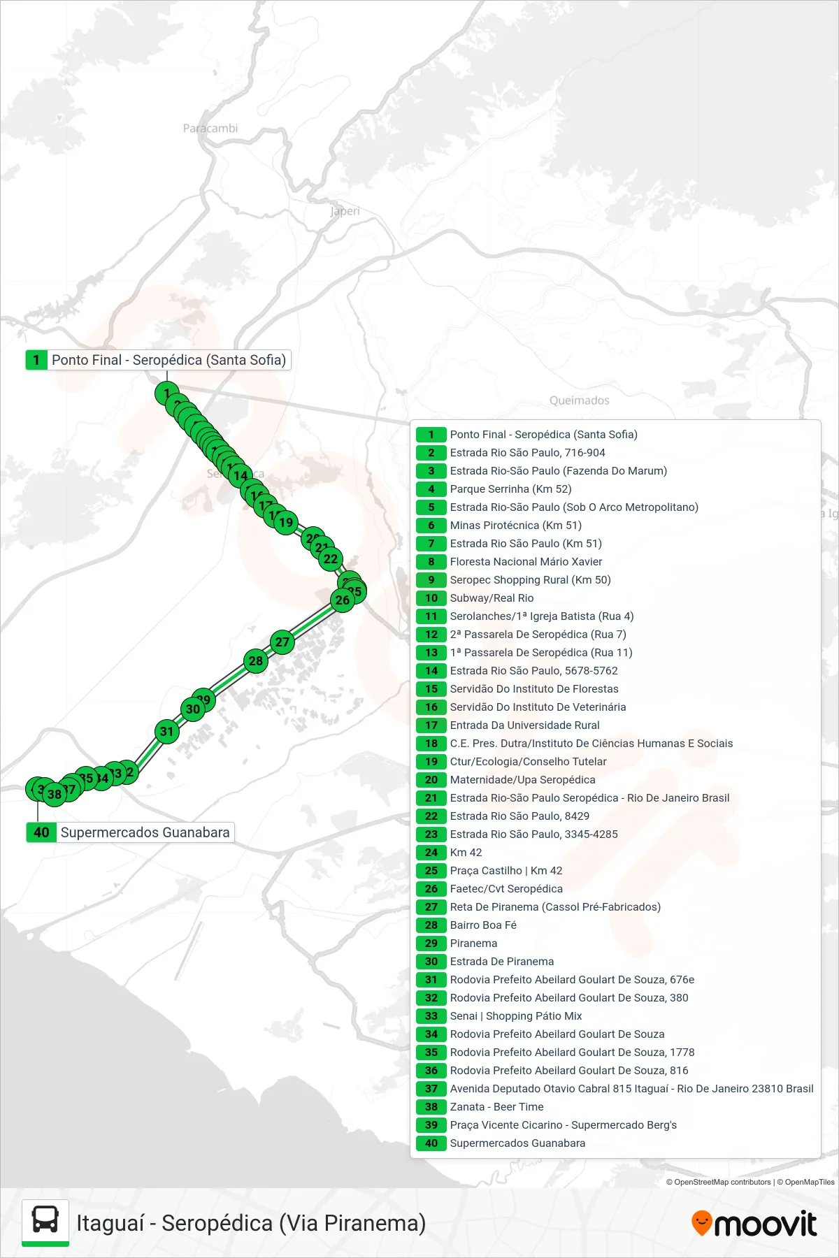 Rota e paradas da linha de ônibus 436S (Itaguaí) no mapa
