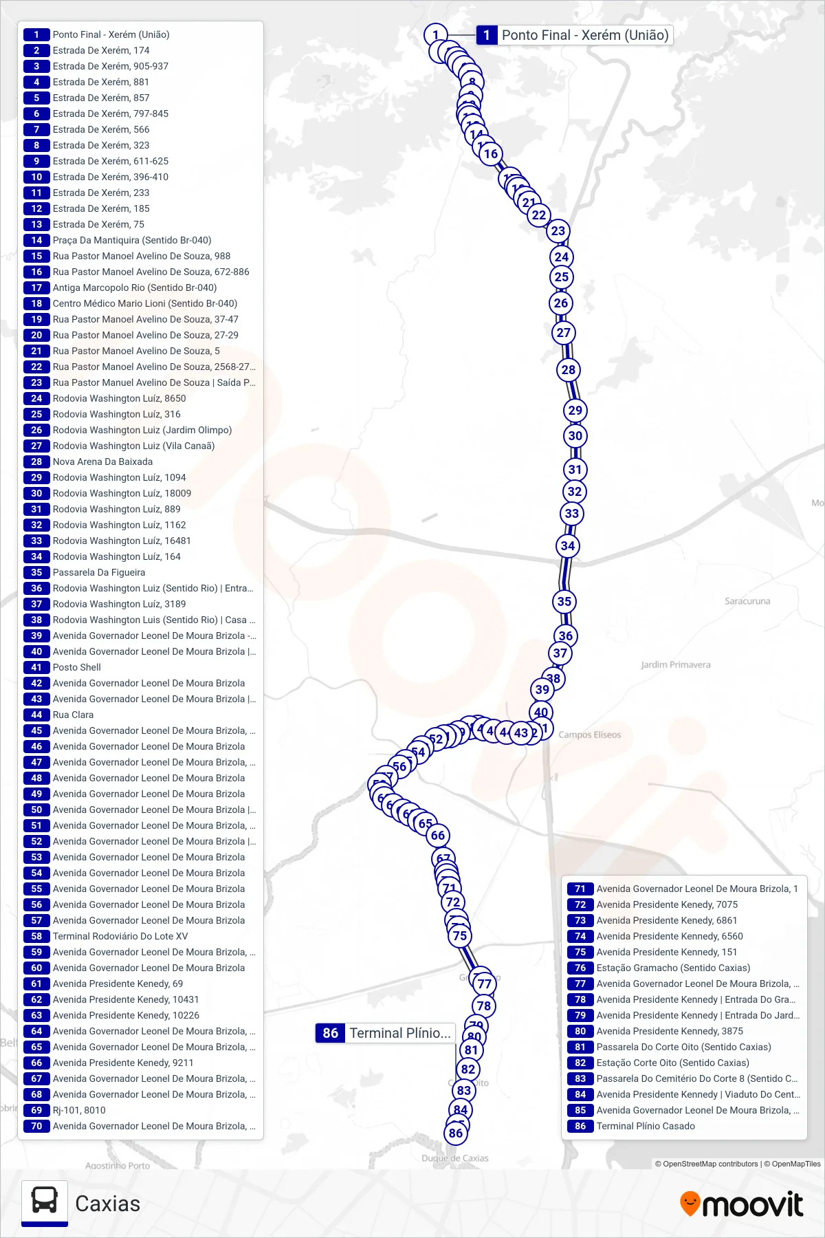 Rota e paradas da linha de ônibus  554I  (Caxias) no mapa