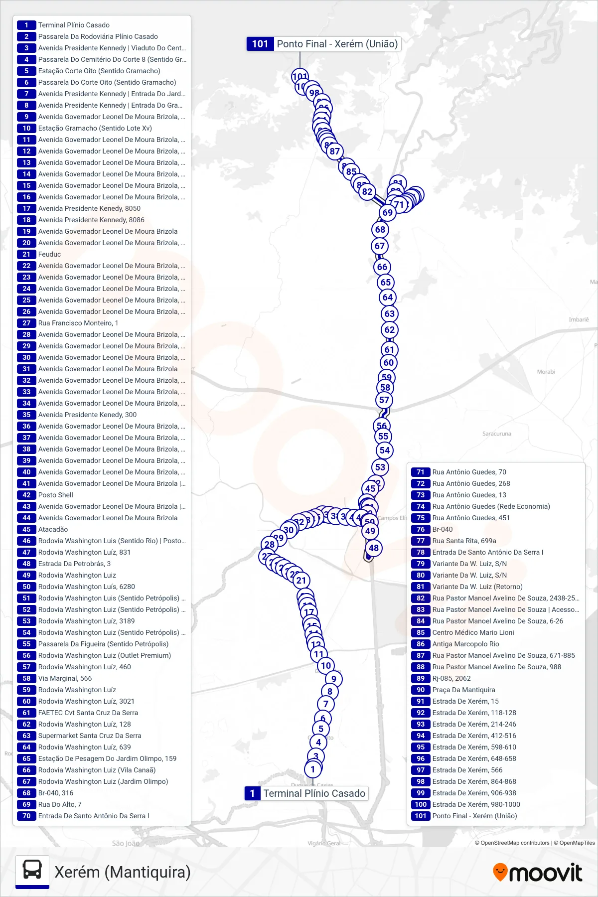 Rota e paradas da linha de ônibus 554I (Xerém (Mantiquira)) no mapa
