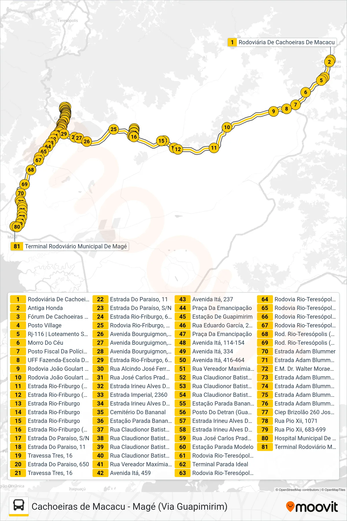 Rota e paradas da linha de ônibus MB15 (Magé) no mapa