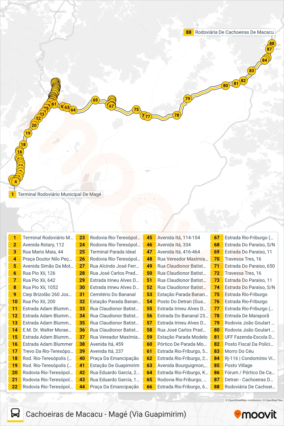 Rota e paradas da linha de ônibus MB15 (Cachoeiras De Macacu) no mapa