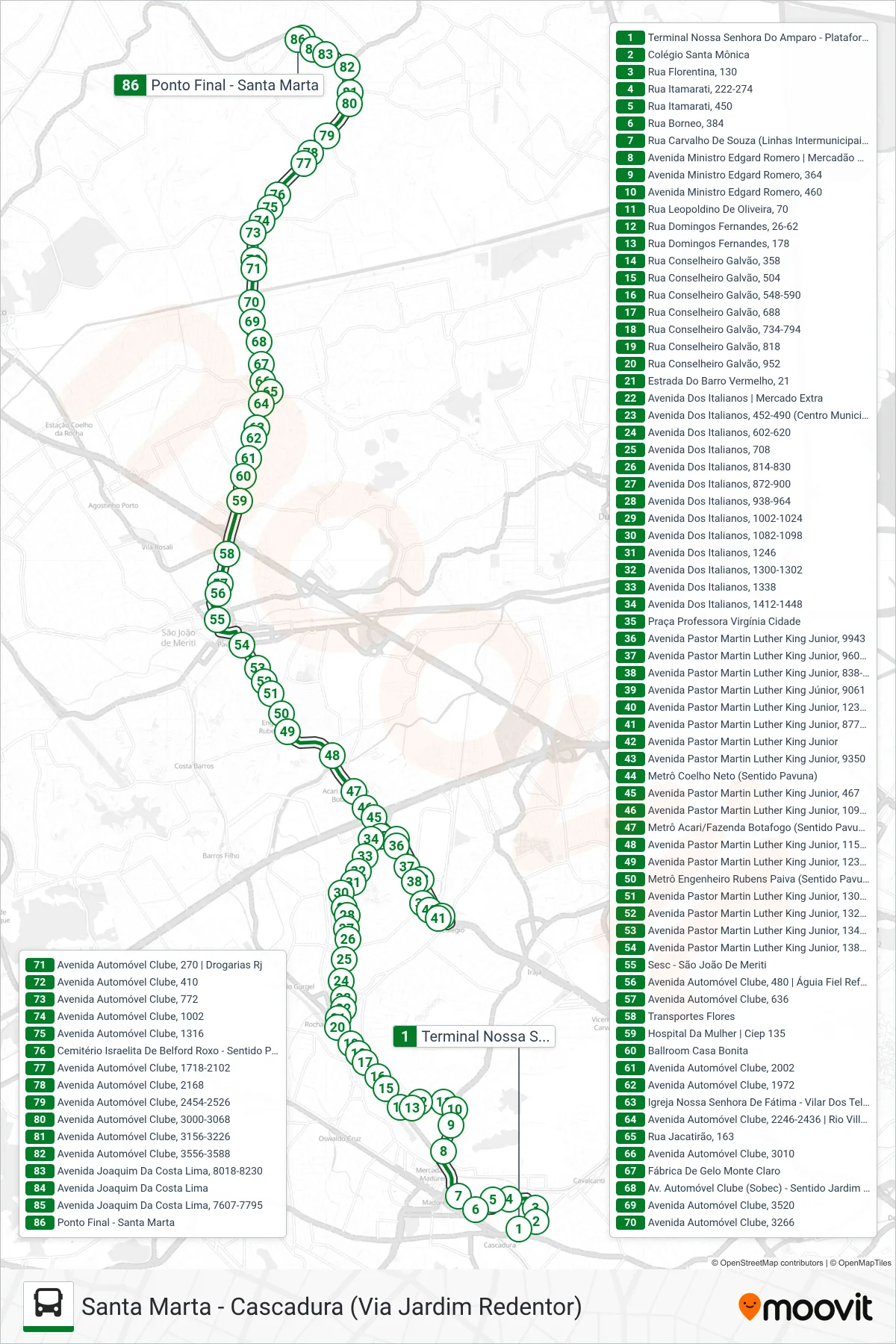 Rota e paradas da linha de ônibus  715L  (Santa Marta (Via Jardim Redentor / Três Setas)) no mapa