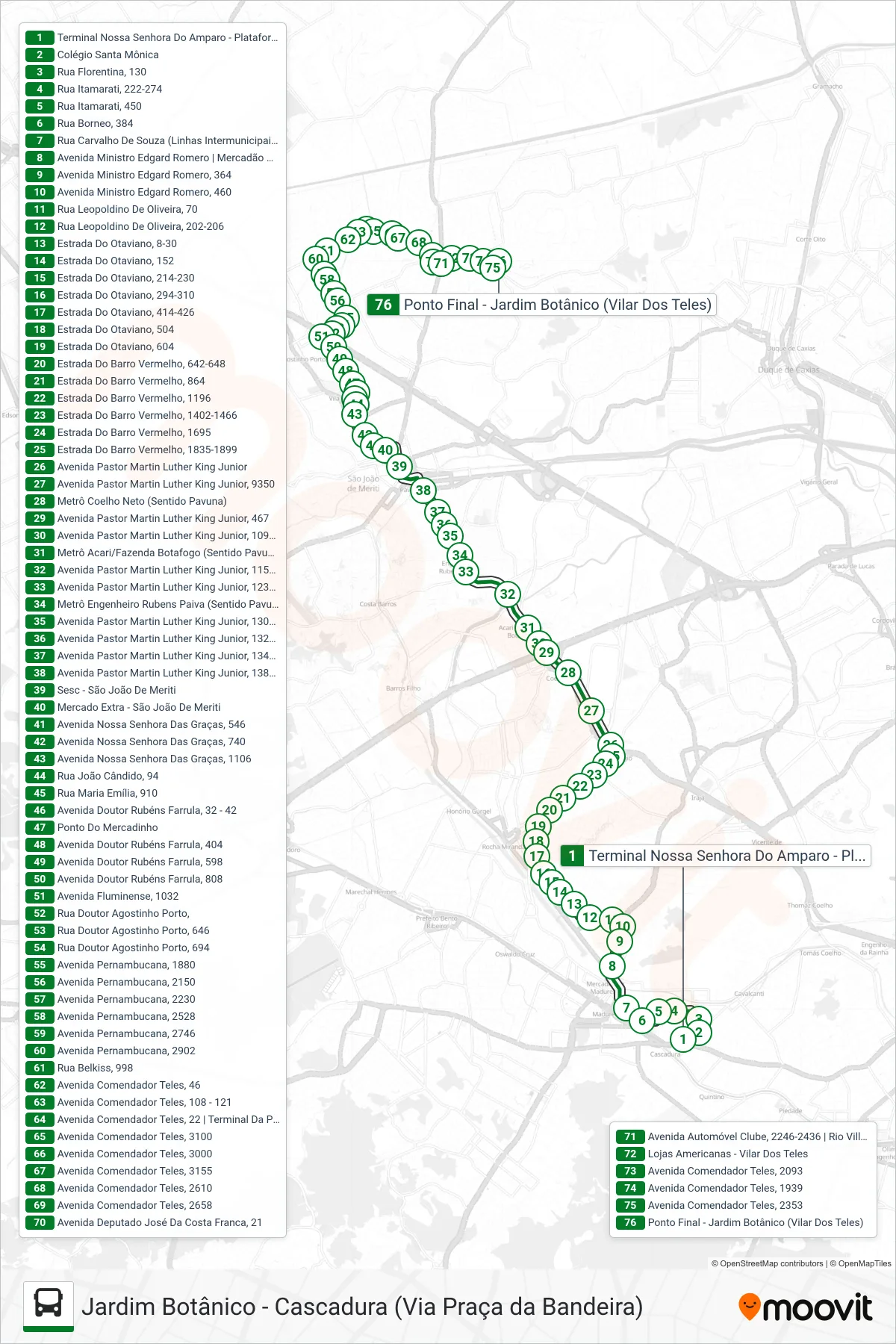 Rota e paradas da linha de ônibus  736L  (Jardim Botânico) no mapa
