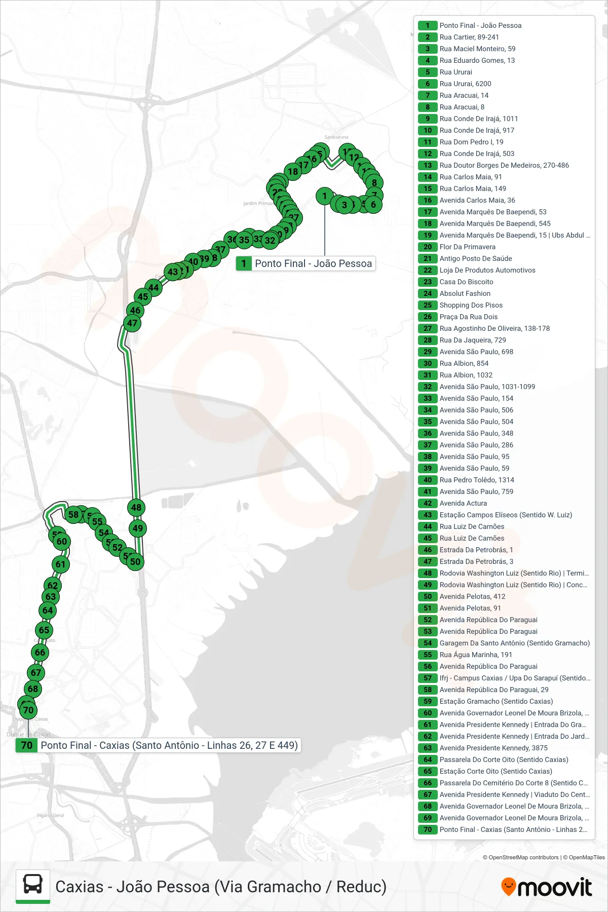 Rota e paradas da linha de ônibus 26 (Caxias) no mapa