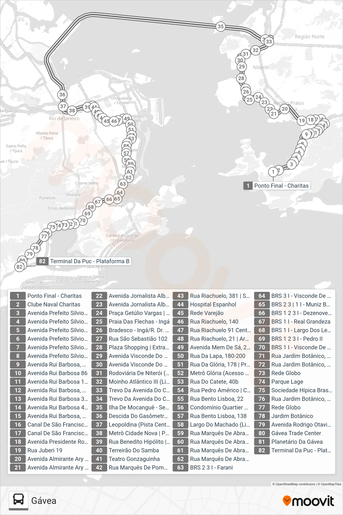 Rota e paradas da linha de ônibus 775D (Gávea) no mapa