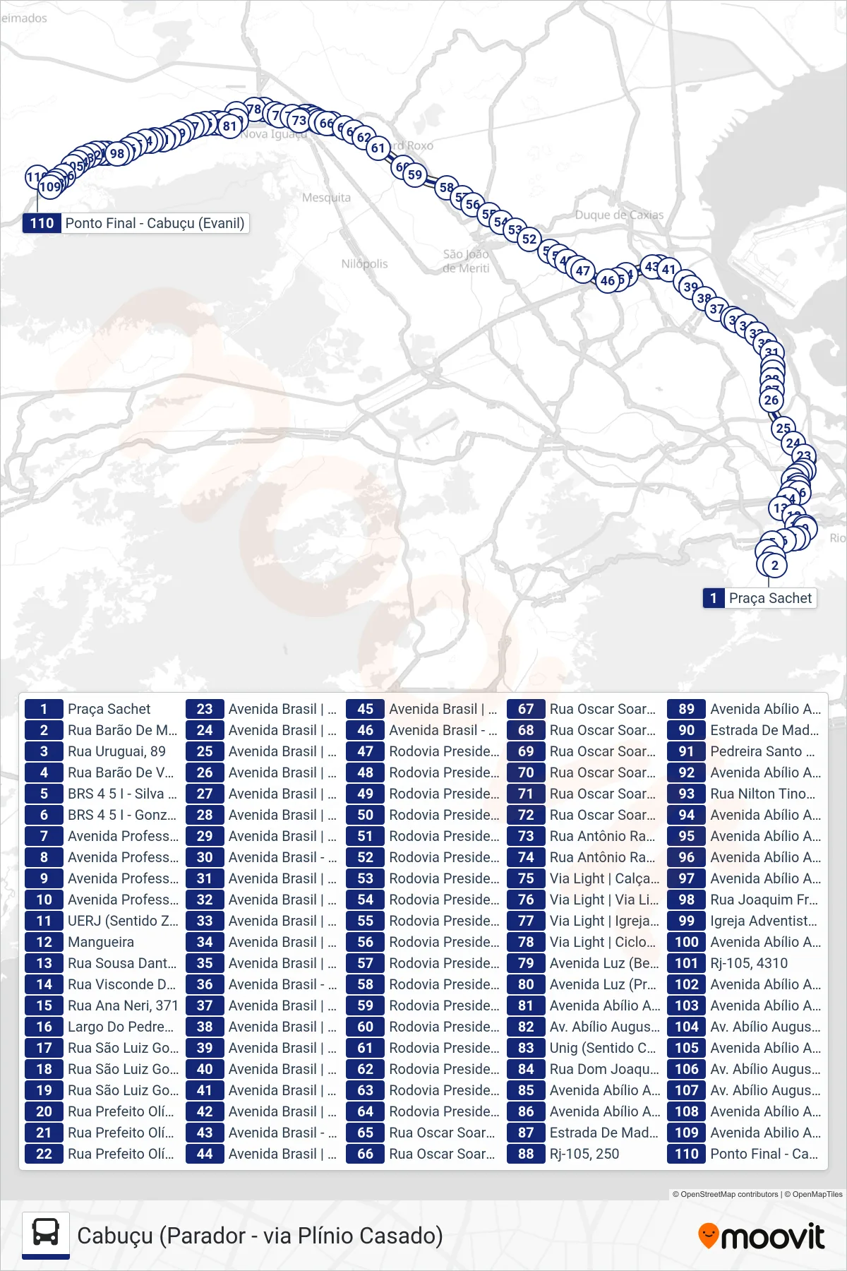 134B bus Line (Cabuçu (Parador - via Plínio Casado)) route and stops on a map