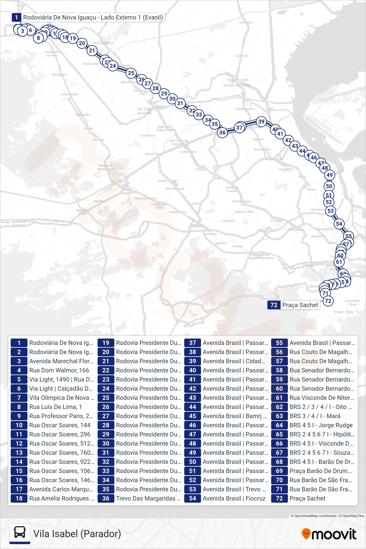 Rota e paradas da linha de ônibus 134B (Vila Isabel (Parador)) no mapa