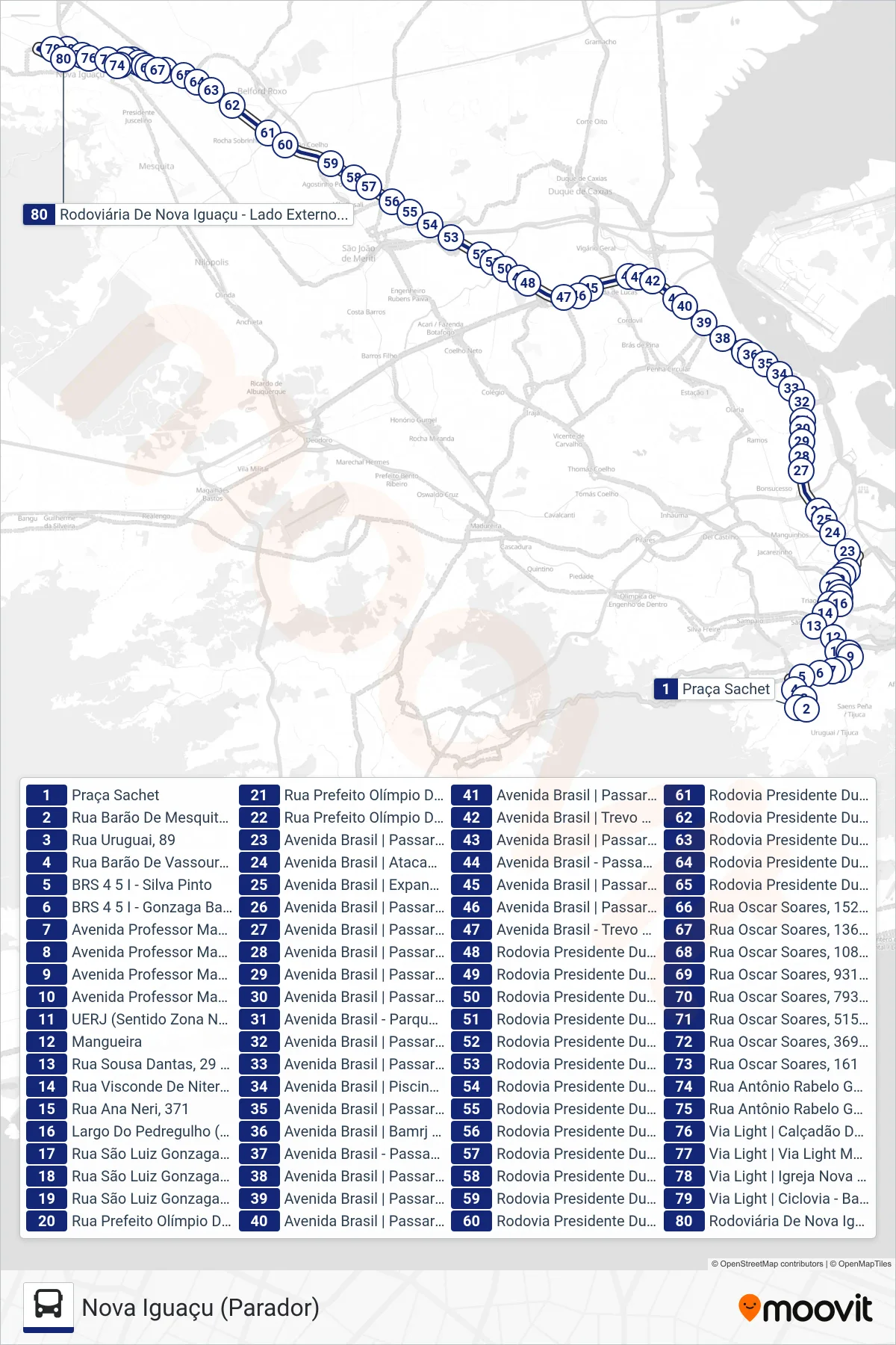 134B bus Line (Nova Iguaçu (Parador)) route and stops on a map
