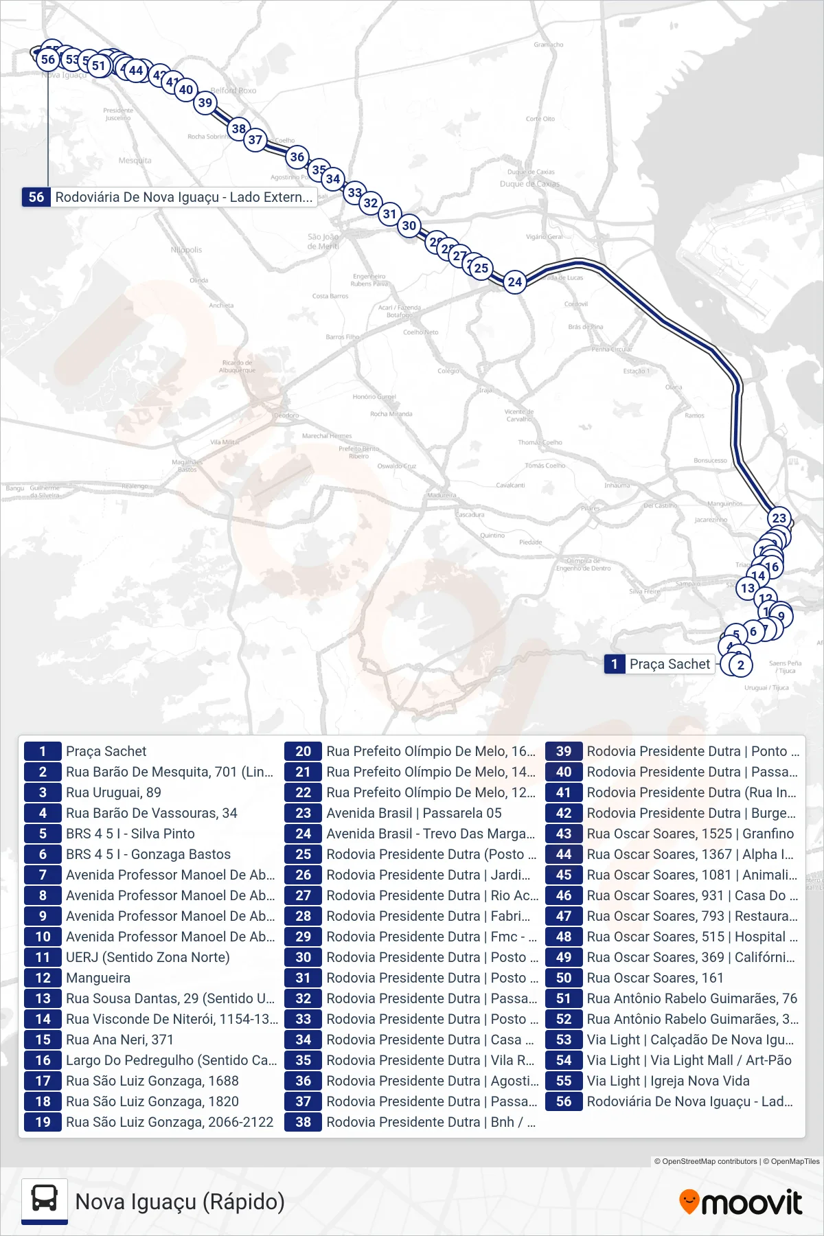 134B bus Line (Nova Iguaçu (Rápido)) route and stops on a map