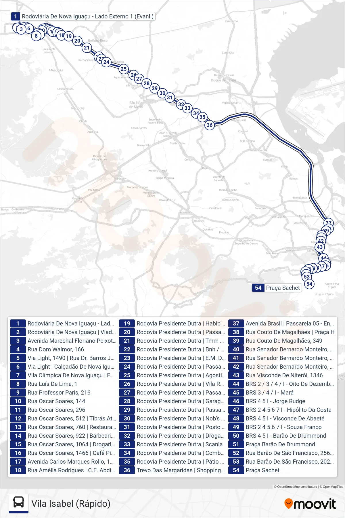 Rota e paradas da linha de ônibus 134B (Vila Isabel (Rápido)) no mapa