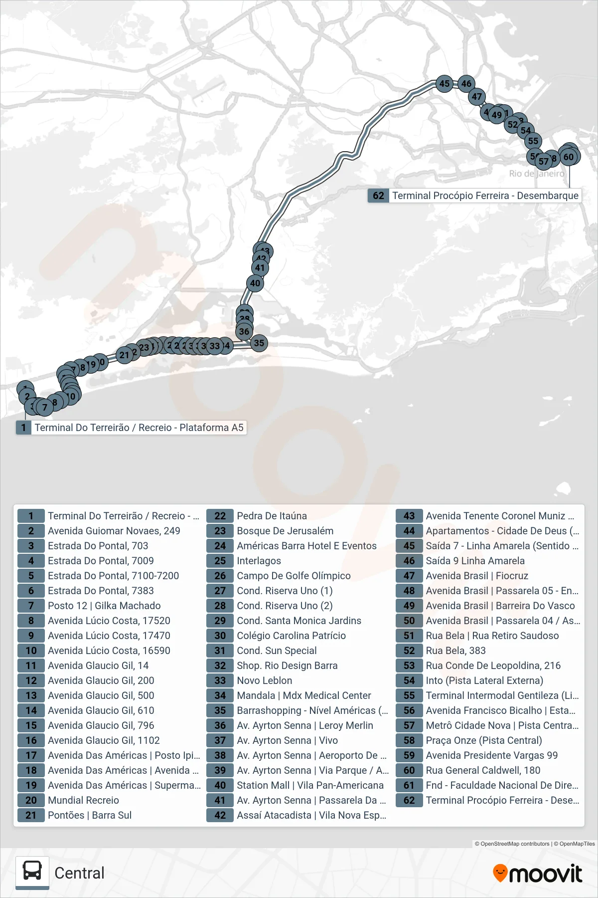 315 bus Line (Central) route and stops on a map