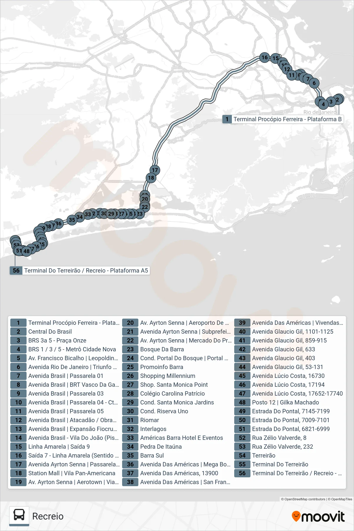 315 bus Line (Recreio) route and stops on a map