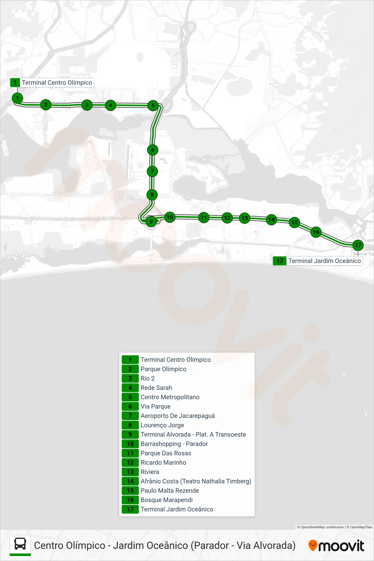Rota e paradas da linha de ônibus 50 (Jardim Oceânico (Parador)) no mapa